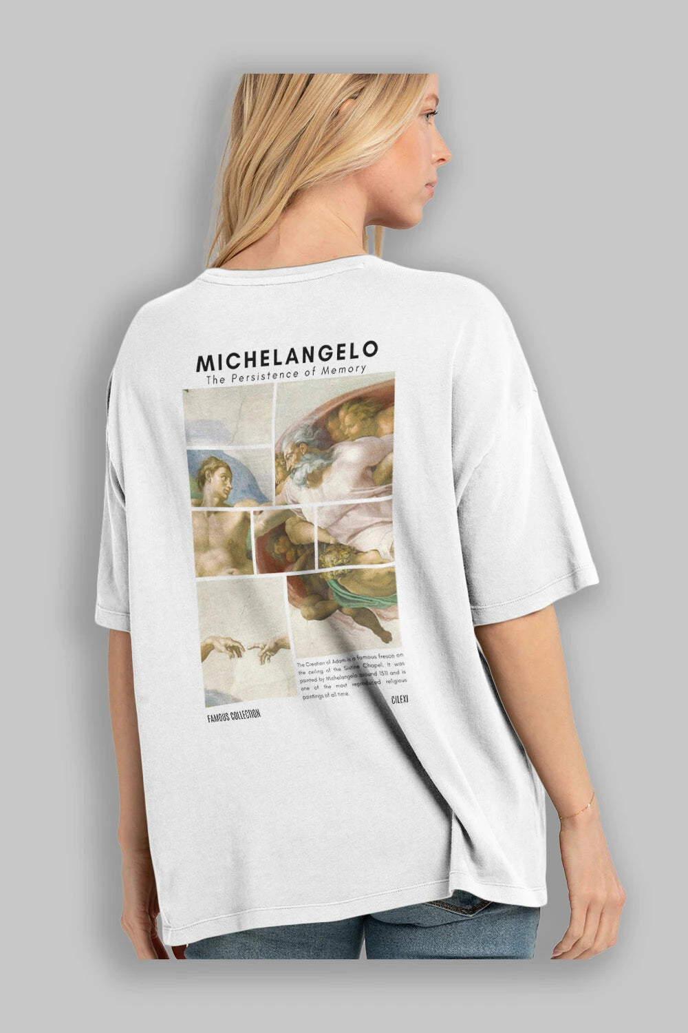 Michelangelo Arka Baskılı Oversize t-shirt Erkek Kadın Bisiklet Yaka Pamuk tişort