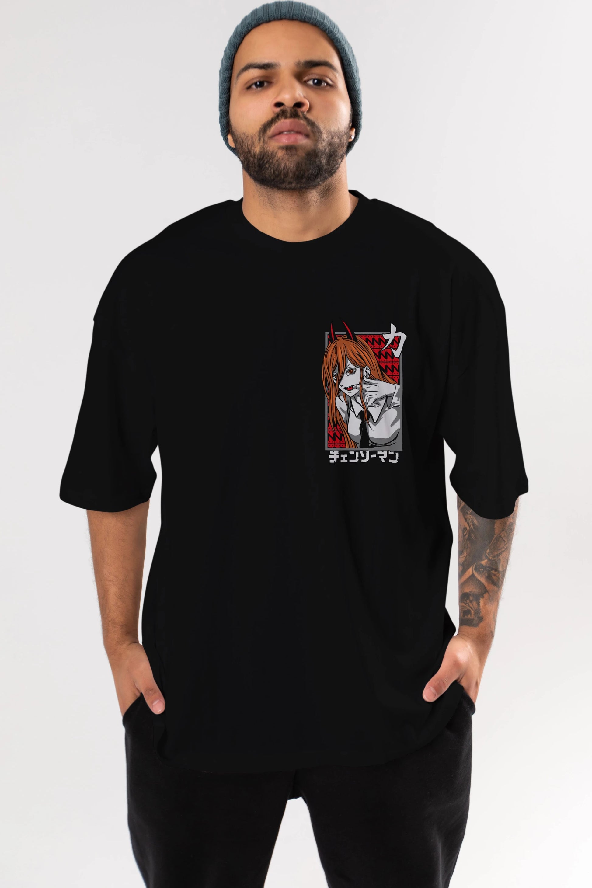 CHAINSAWMAN POWER Ön Sol Baskılı Oversize t-shirt Erkek Kadın Unisex %100 Pamuk Bisiklet Yaka tişort