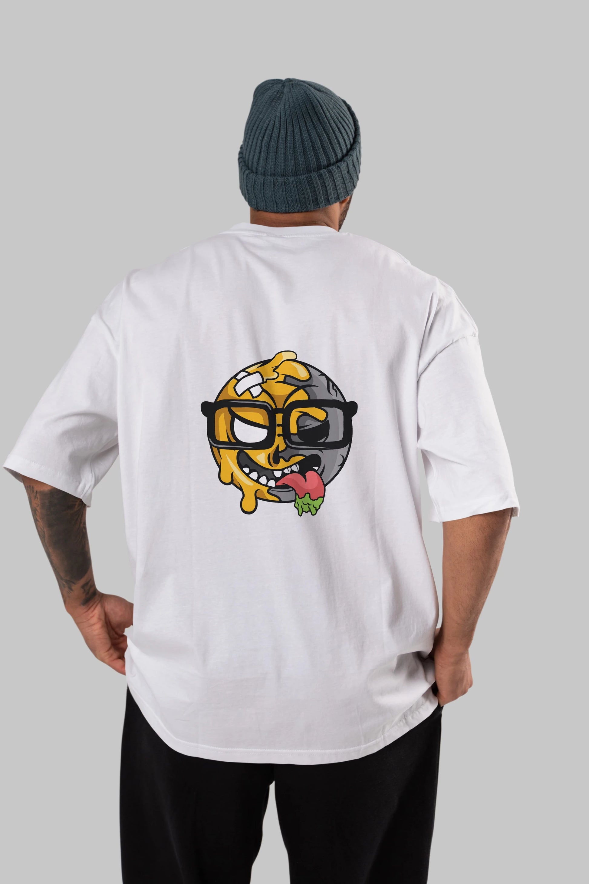 Smiley Nerd Arka Baskılı Oversize t-shirt Erkek Kadın Unisex %100 Pamuk tişort