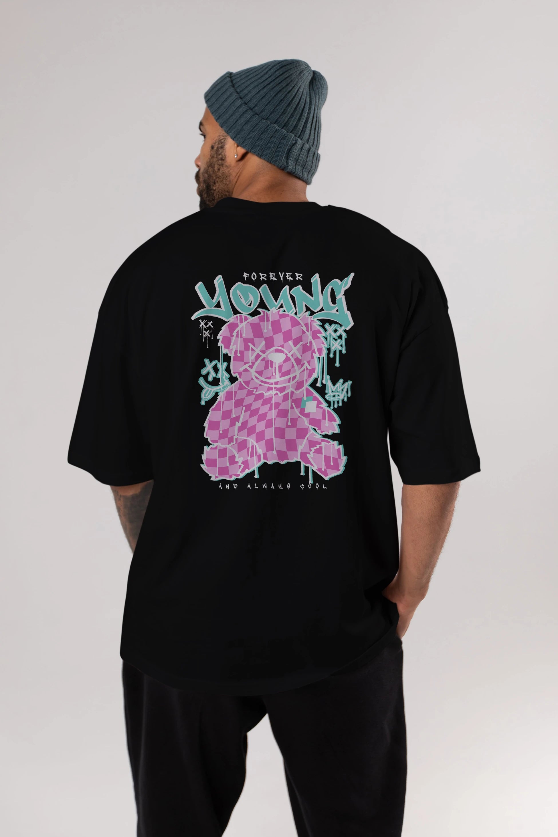 Young and Always Cool Bear Arka Baskılı Oversize t-shirt Erkek Kadın Unisex