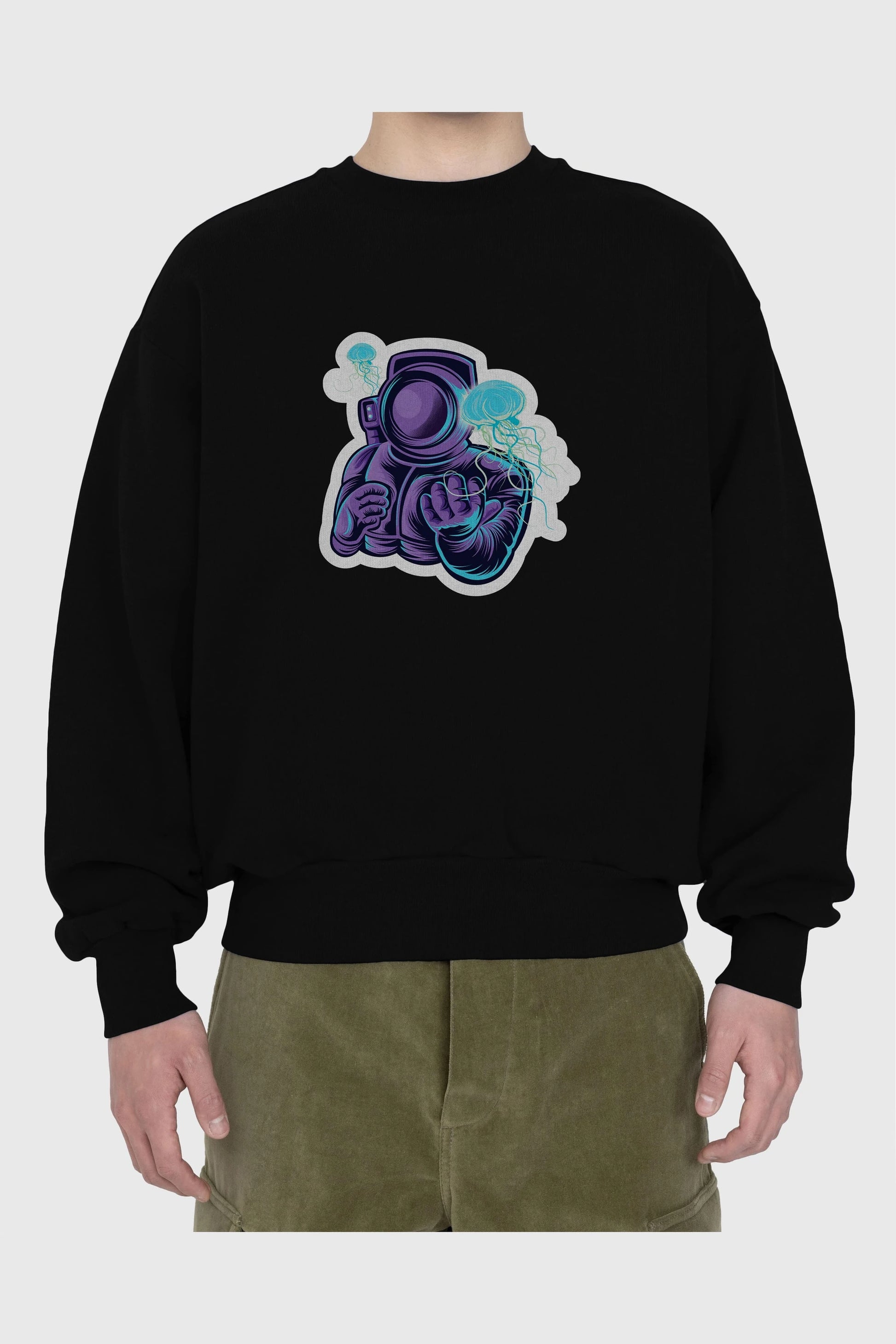 Astronaut and Jellyfish Sticker Ön Baskılı Oversize Sweatshirt Erkek Kadın Unisex
