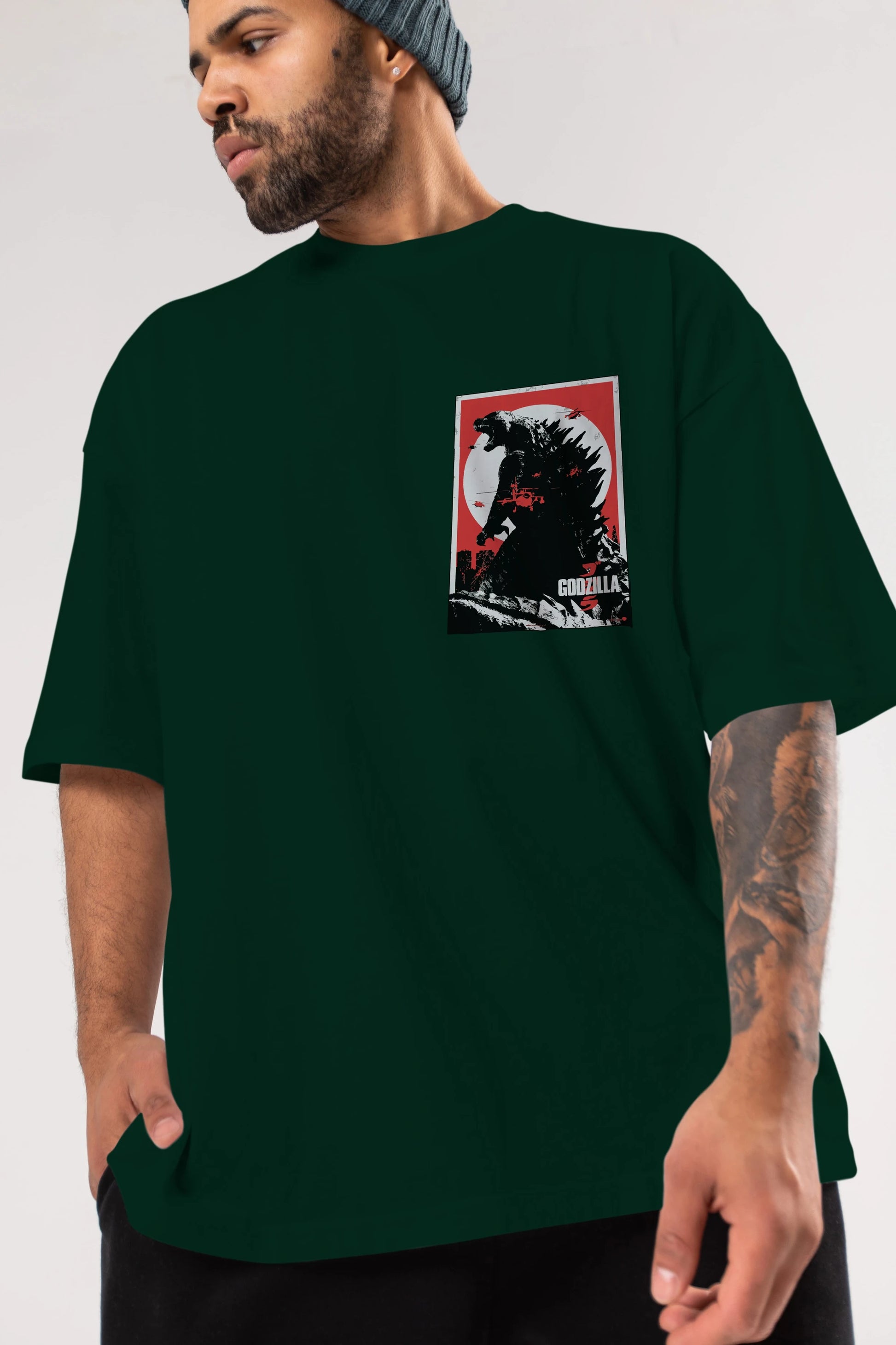 Godzilla (2) Ön Sol Baskılı Oversize t-shirt Erkek Kadın Unisex %100 Pamuk Bisiklet Yaka tişort