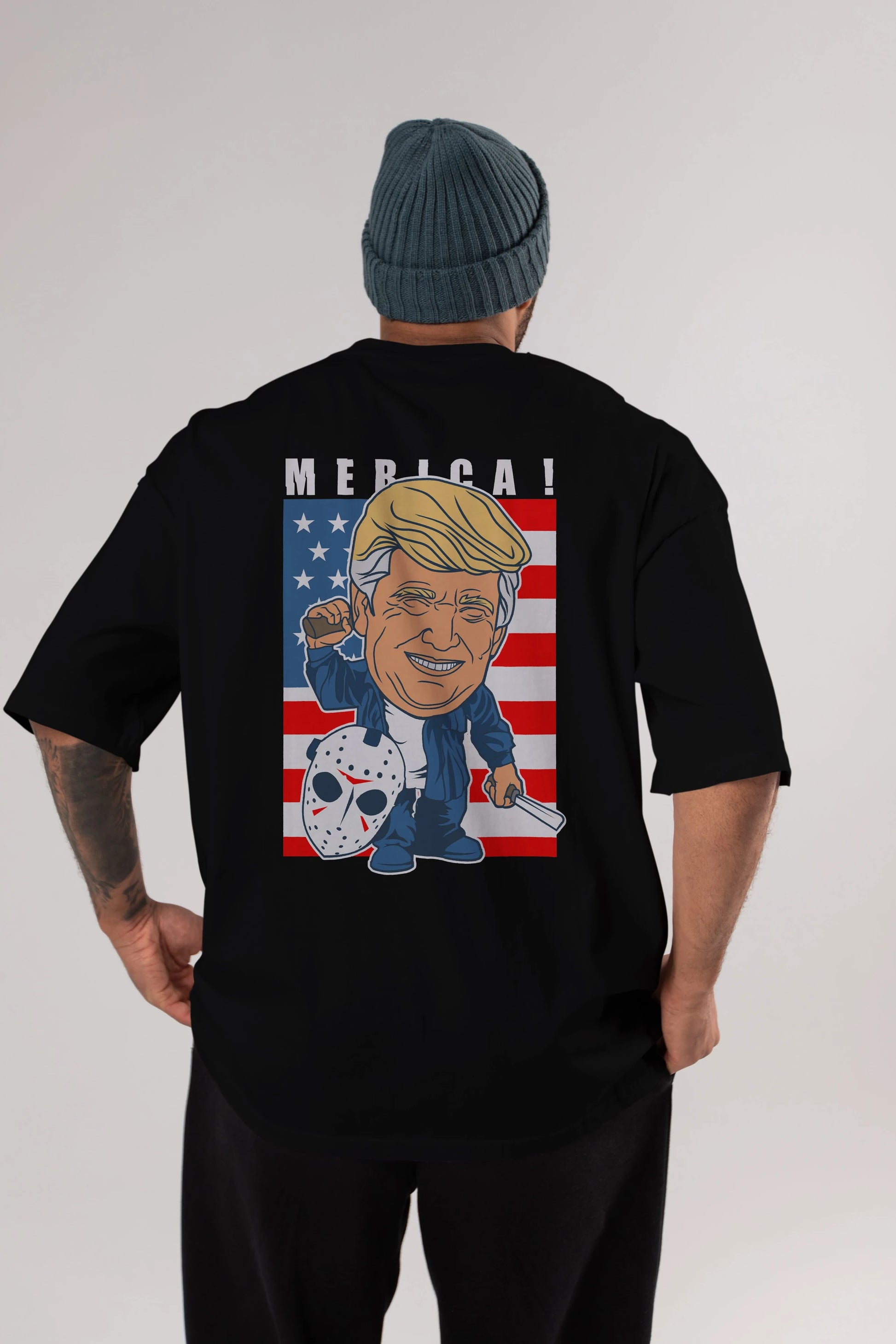 Jason Voorhess Trump Arka Baskılı Oversize t-shirt Erkek Kadın Unisex %100 Pamuk tişort
