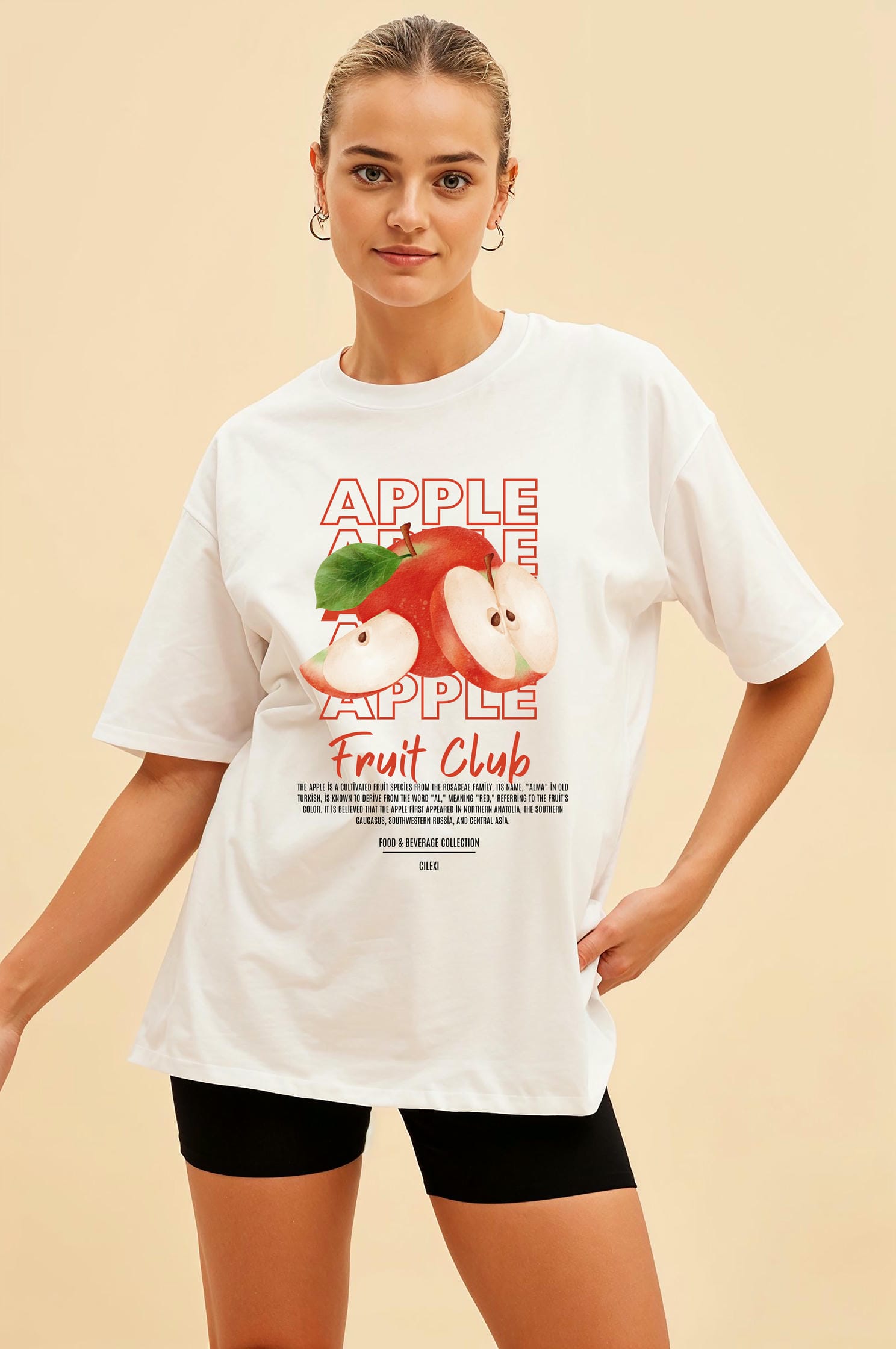 Apple Ön Baskılı Oversize t-shirt Erkek Kadın Pamuk Bisiklet Yaka tişort
