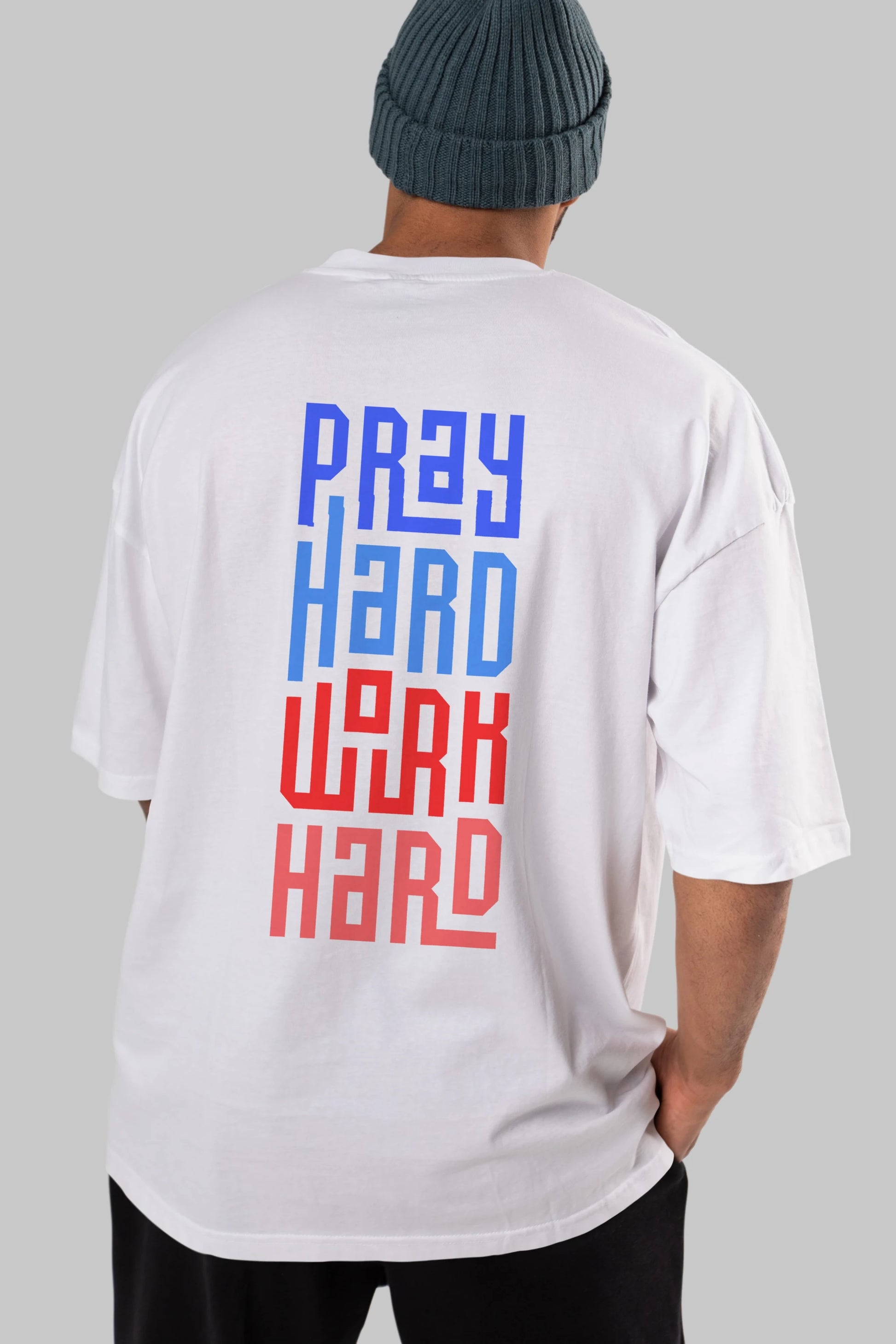Pray Hard Work Hard Yazılı Arka Baskılı Oversize t-shirt Erkek Kadın Unisex