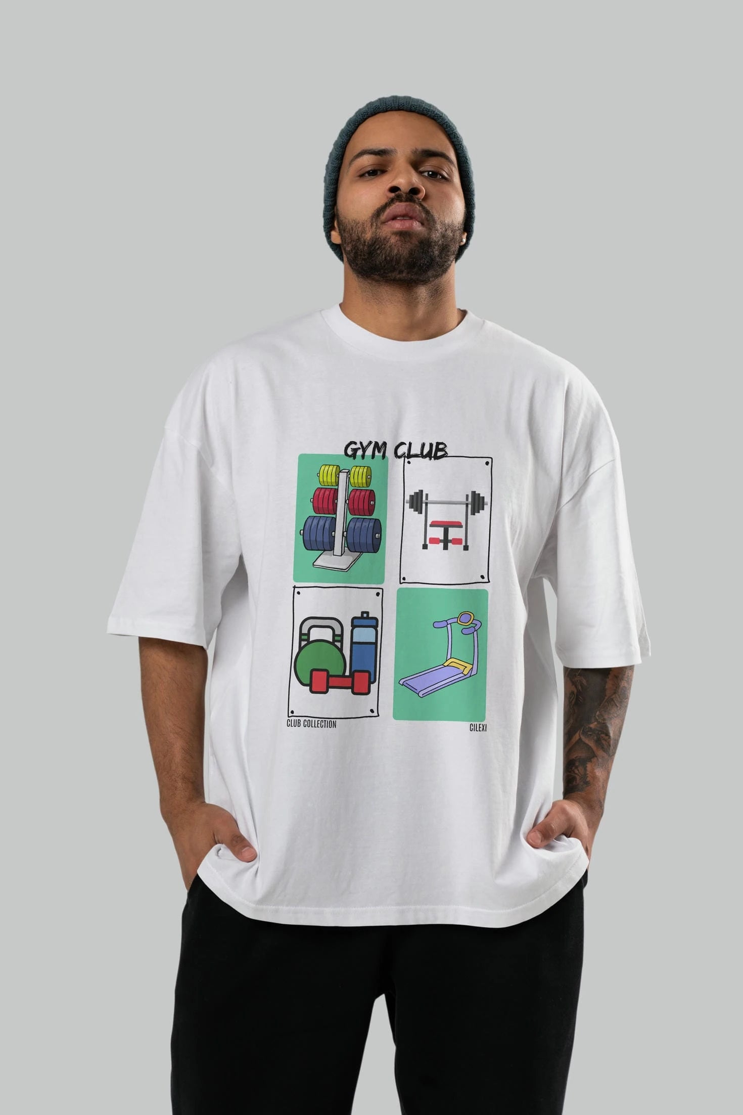 Gym Club ön Baskılı Oversize t-shirt Erkek Kadın %100 Pamuk Bisiklet Yaka tişort