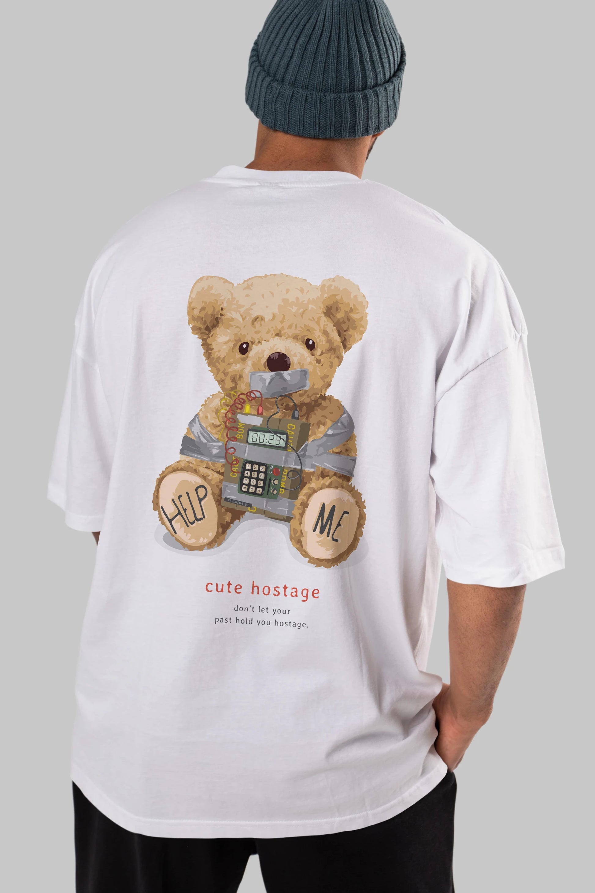 Teddy Bear Help Me Arka Baskılı Oversize t-shirt Erkek Kadın Unisex %100 Pamuk