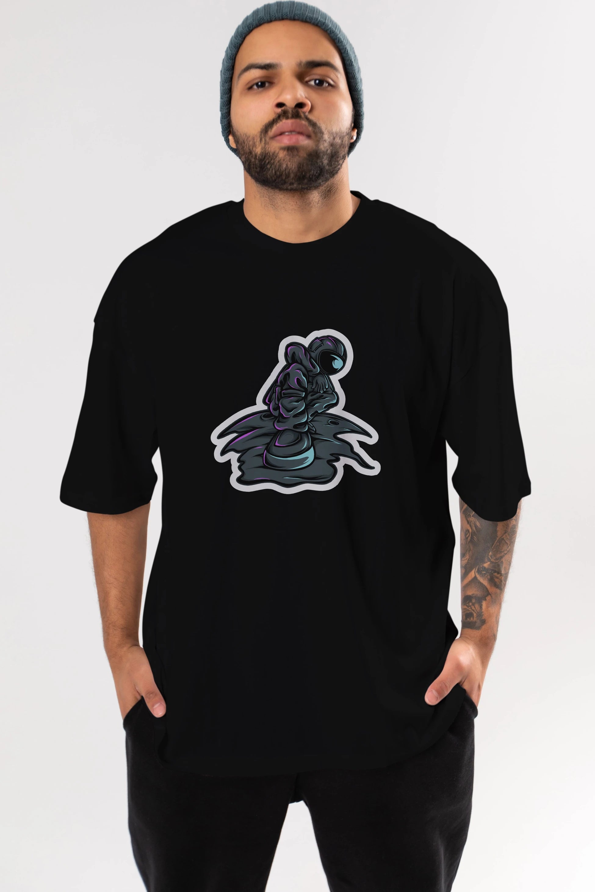 Stylish Astronaut Sticker Ön Baskılı Oversize t-shirt Erkek Kadın Unisex