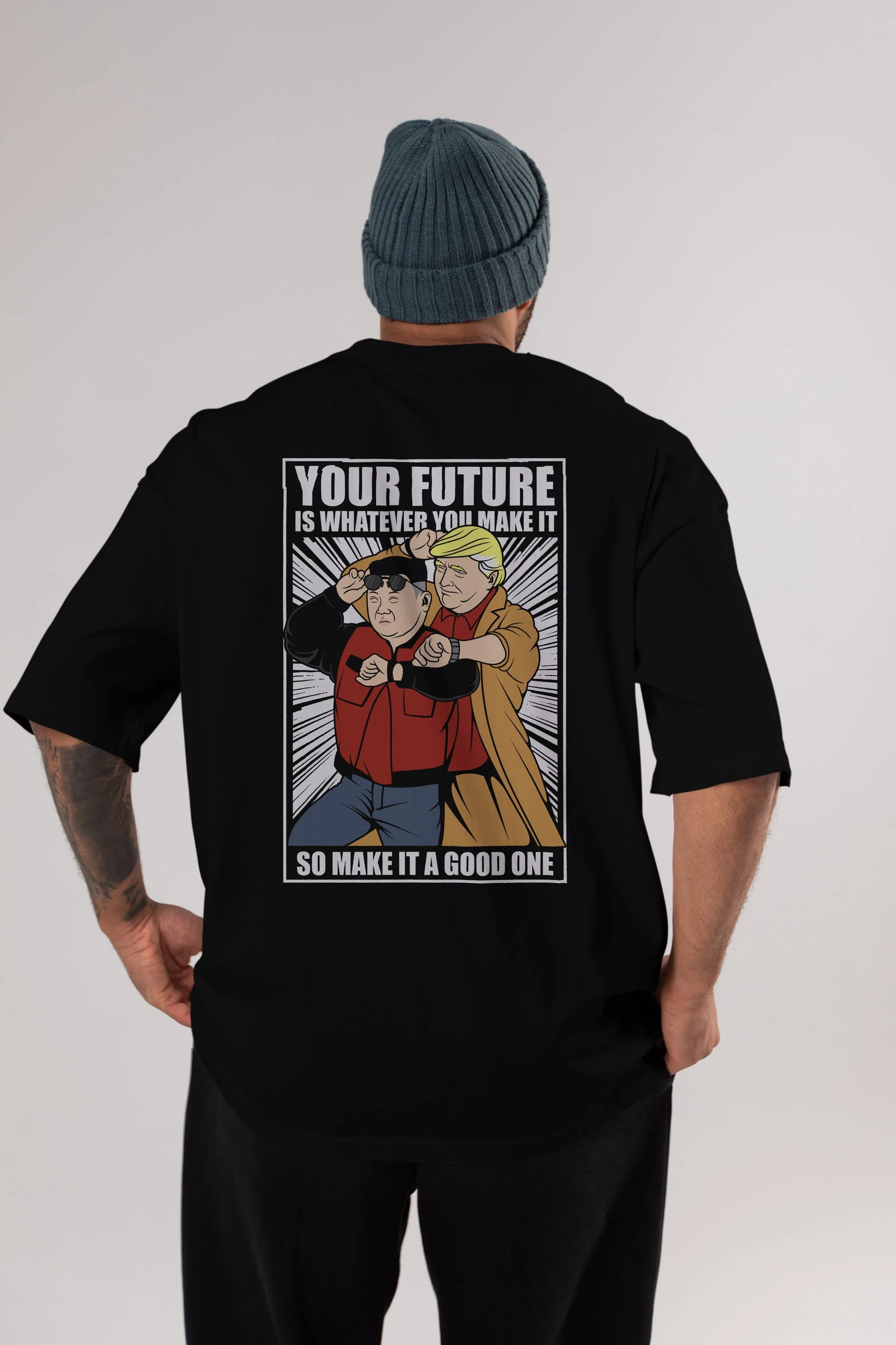Back To The Future Jong Un Trump Arka Baskılı Oversize t-shirt Erkek Kadın Unisex %100 Pamuk tişort