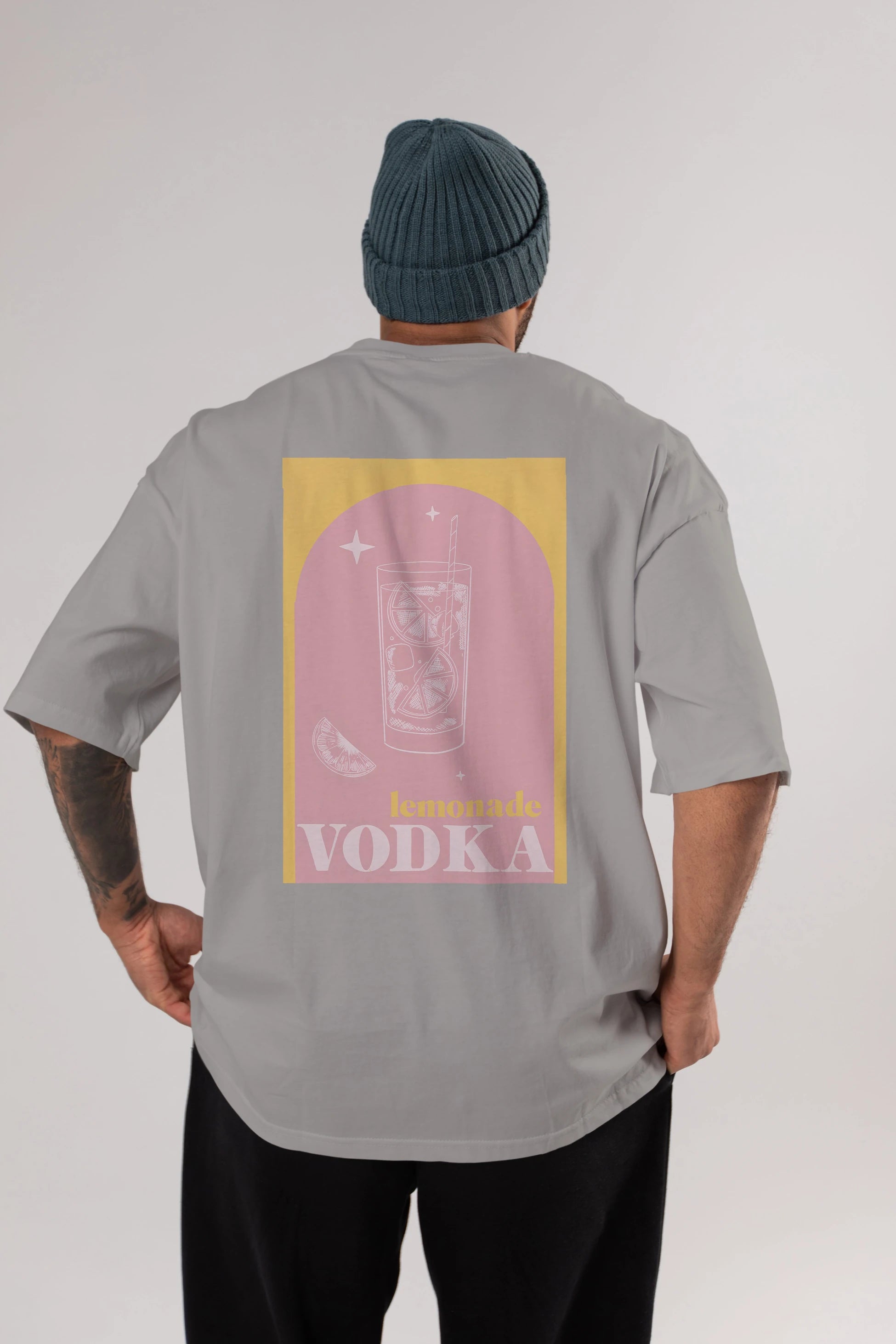 Vodka Limon Arka Baskılı Oversize t-shirt Erkek Kadın Unisex %100 Pamuk Bisiklet Yaka tişort