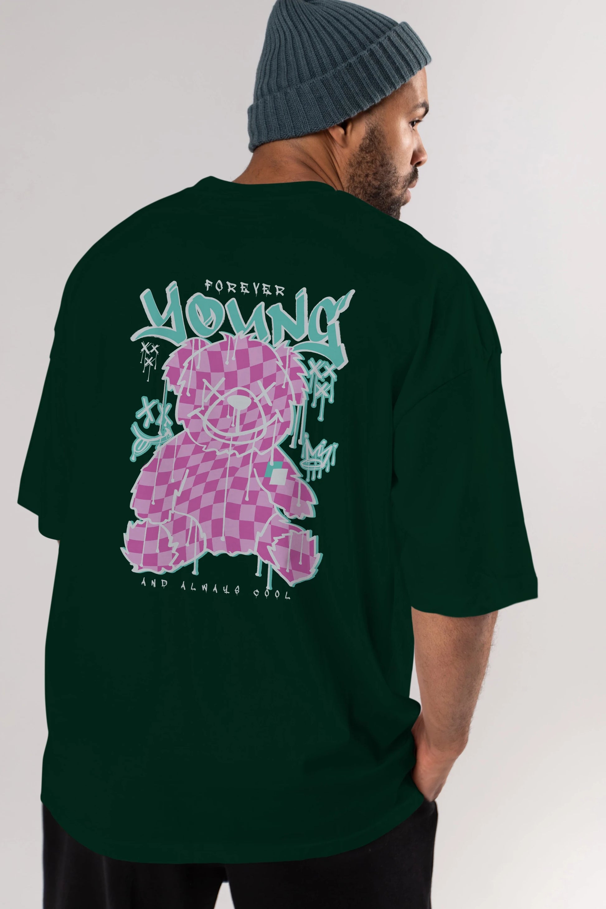 Young and Always Cool Bear Arka Baskılı Oversize t-shirt Erkek Kadın Unisex
