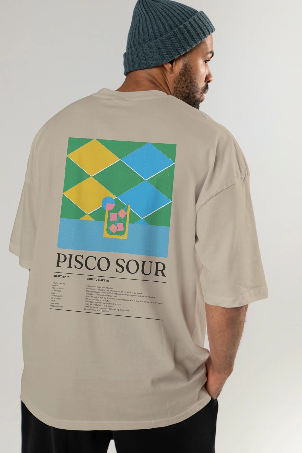 Pisco Sour Kokteyl Serisi Arka Baskılı Oversize t-shirt Erkek Kadın %100 Pamuk Bisiklet Yaka tişort