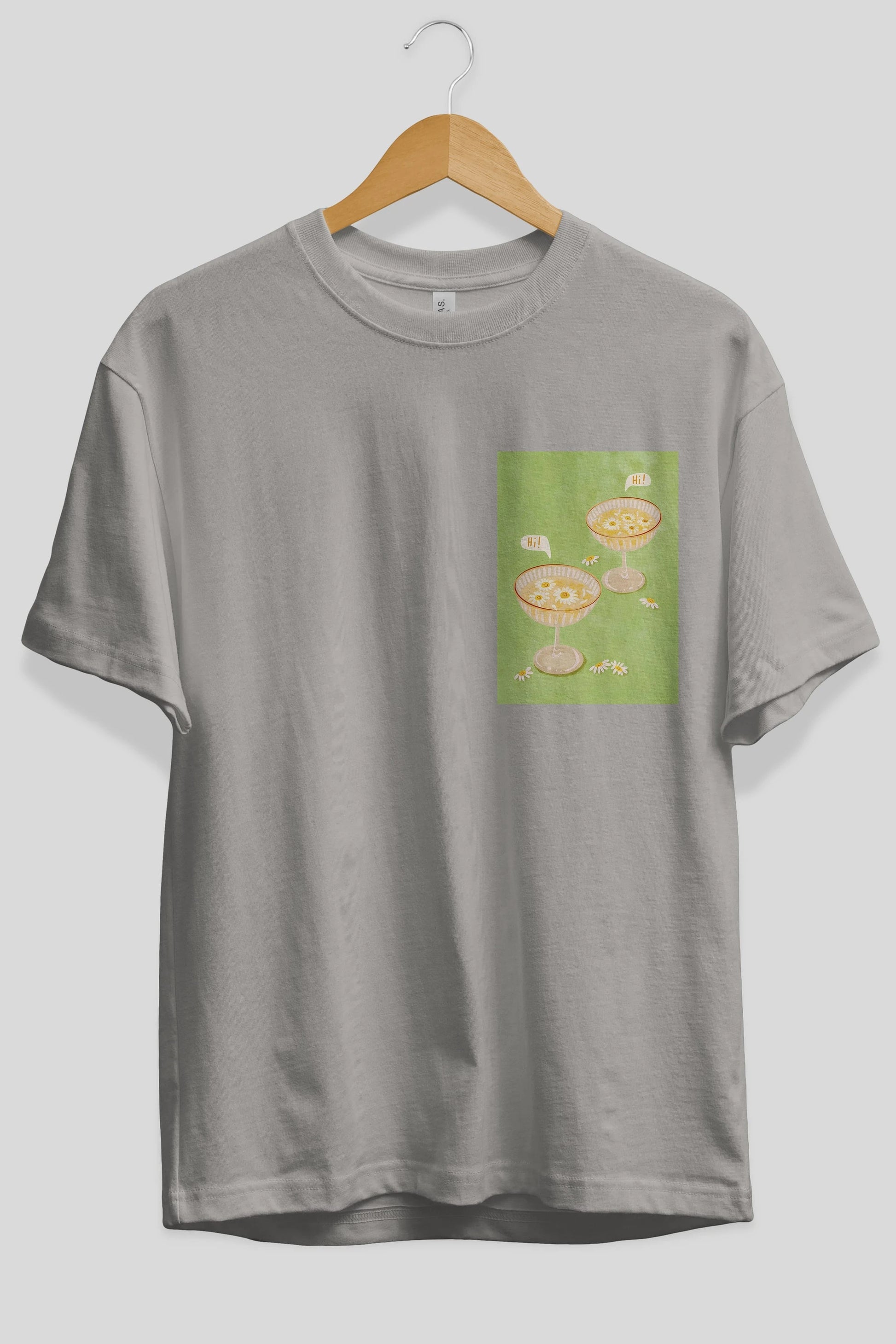 Hi Cheers Ön Sol Baskılı Oversize t-shirt Erkek Kadın Unisex %100 Pamuk Bisiklet Yaka tişort