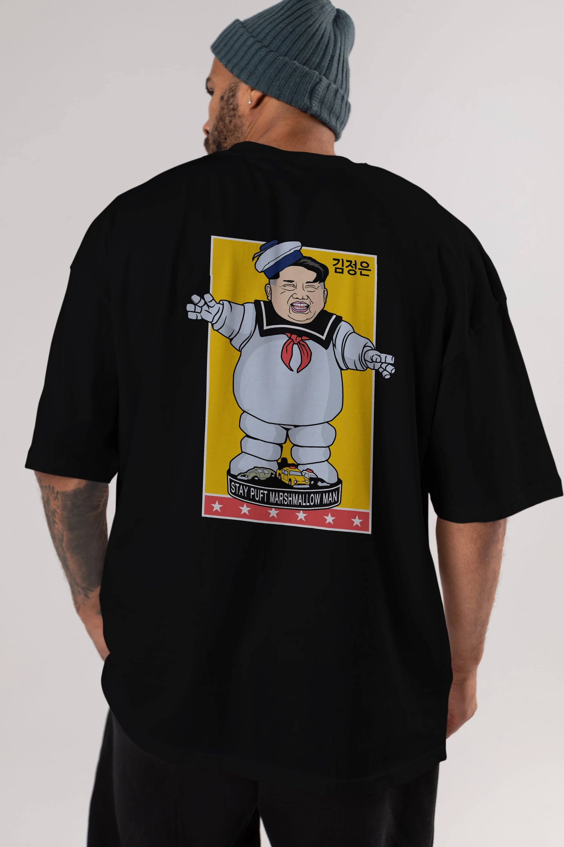 Stay Puft Jong Un Arka Baskılı Oversize t-shirt Erkek Kadın Unisex %100 Pamuk tişort