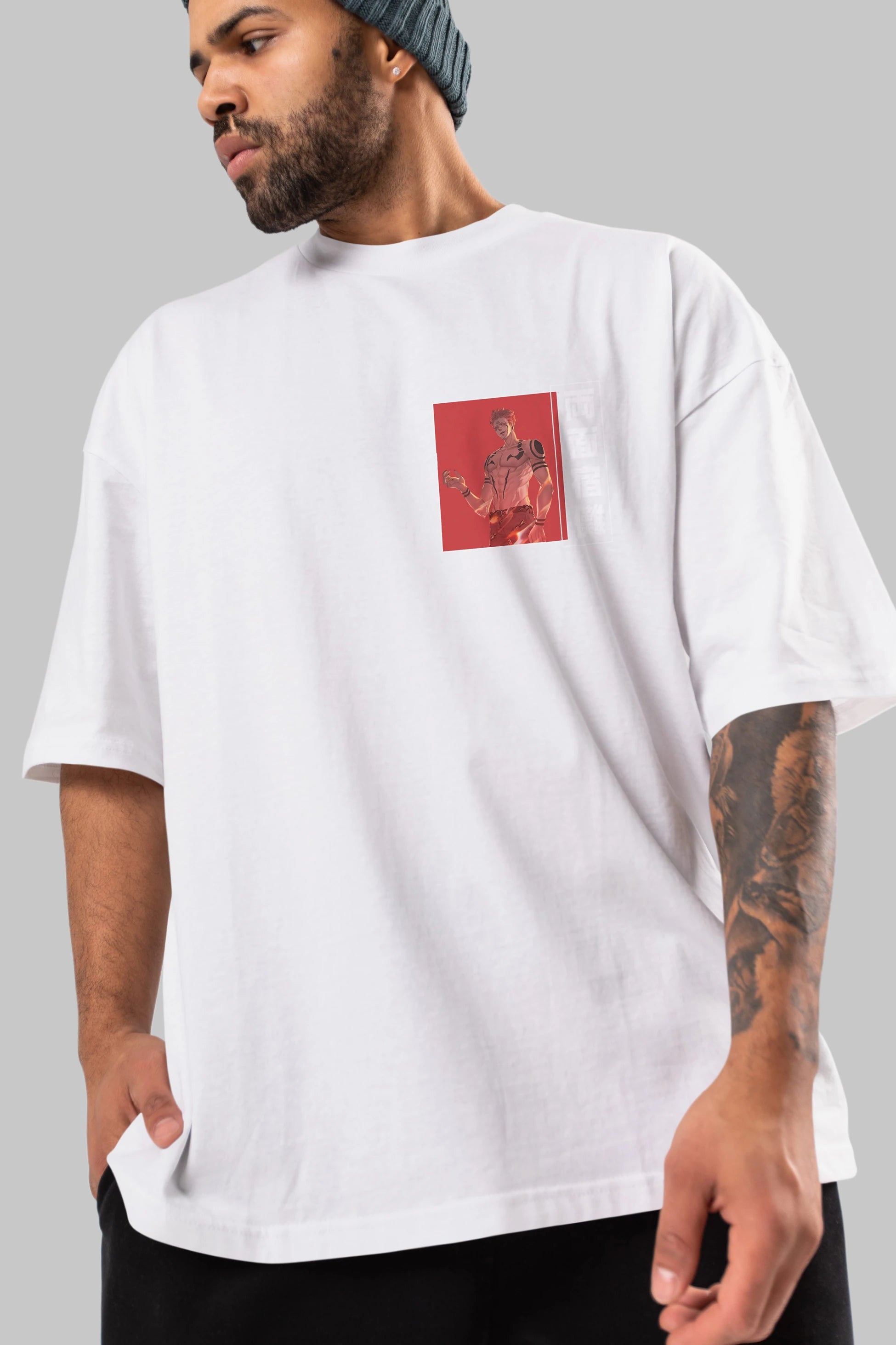 Sukuna Ryoumen 3 Ön Sol Baskılı Oversize t-shirt Erkek Kadın Unisex %100 Pamuk Bisiklet Yaka tişort