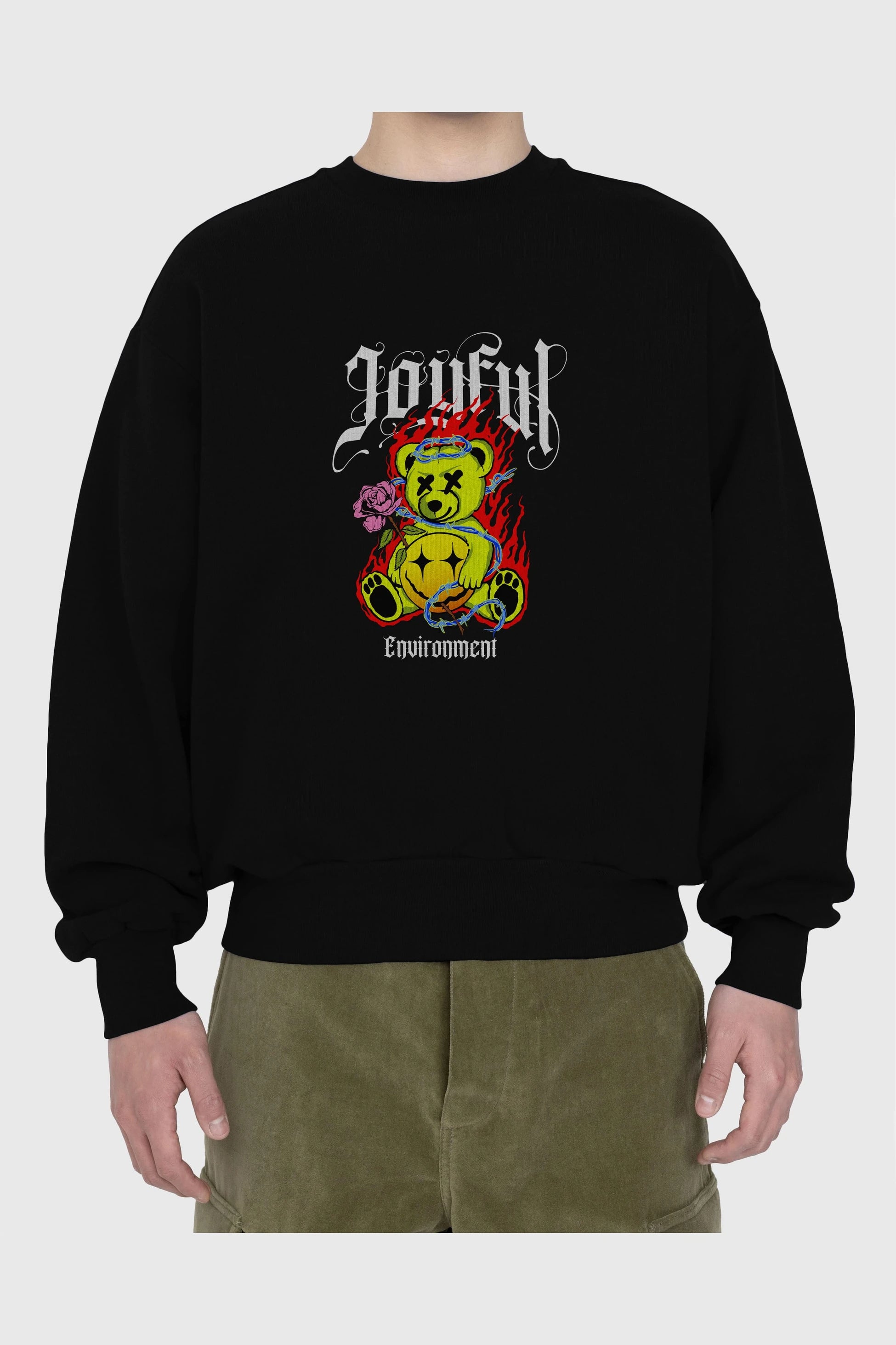Joyful Bear Ön Baskılı Oversize Sweatshirt Erkek Kadın Unisex