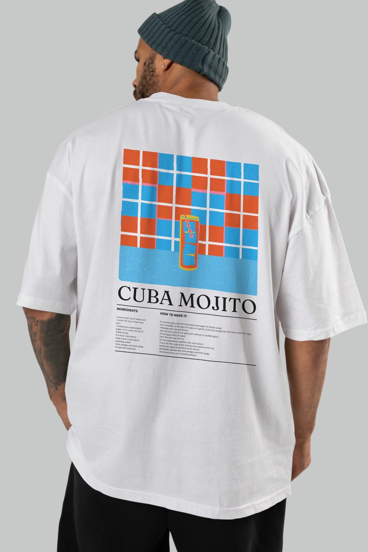 Cuba Mojıto Kokteyl Serisi Arka Baskılı Oversize t-shirt Erkek Kadın %100 Pamuk Bisiklet Yaka tişort