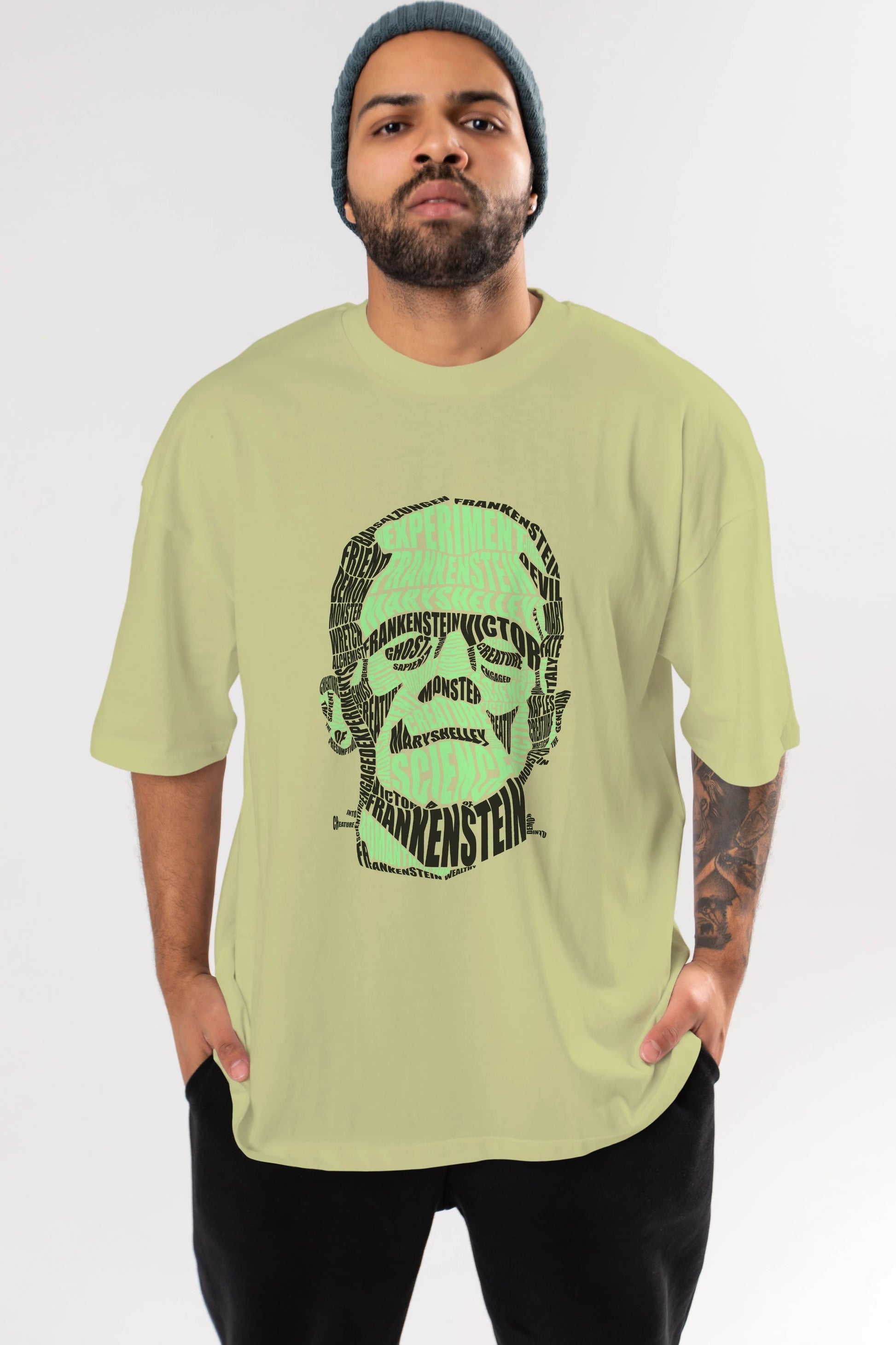 Frankenstein Calligram Ön Baskılı Oversize t-shirt %100 pamuk Erkek Kadın Unisex