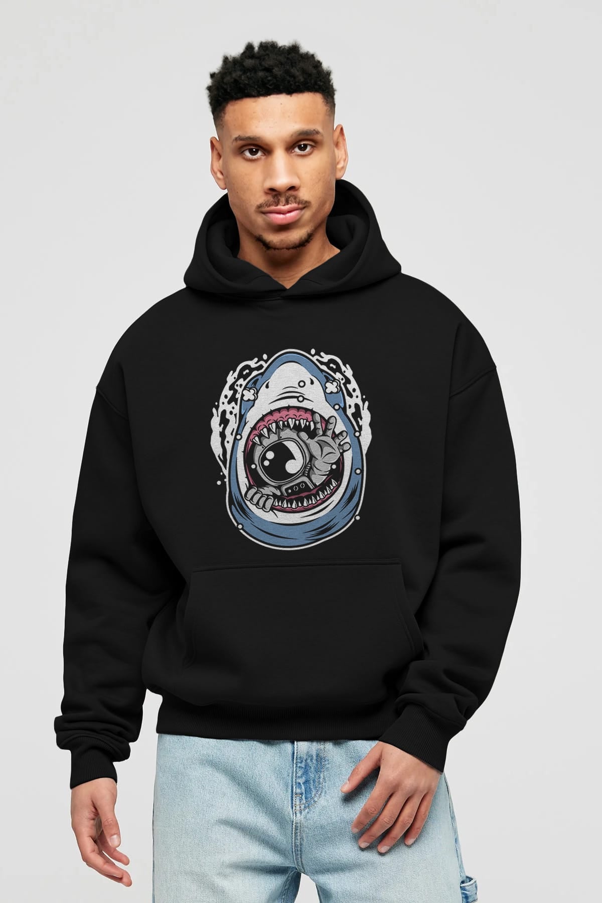 Astronaut Shark Ön Baskılı Hoodie Oversize Kapüşonlu Sweatshirt Erkek Kadın Unisex