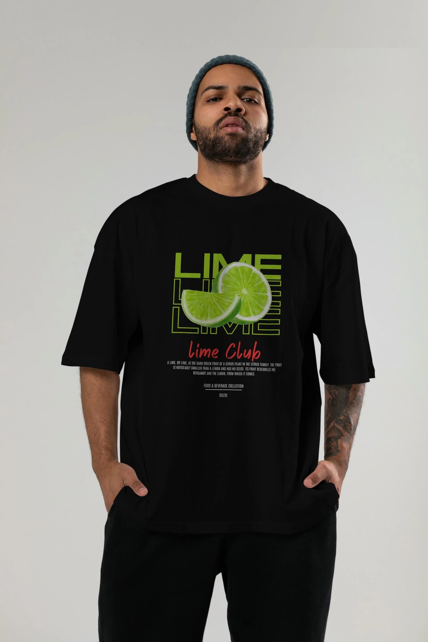 Lime Kokteyl Serisi ön Baskılı Oversize t-shirt Erkek Kadın %100 Pamuk Bisiklet Yaka tişort