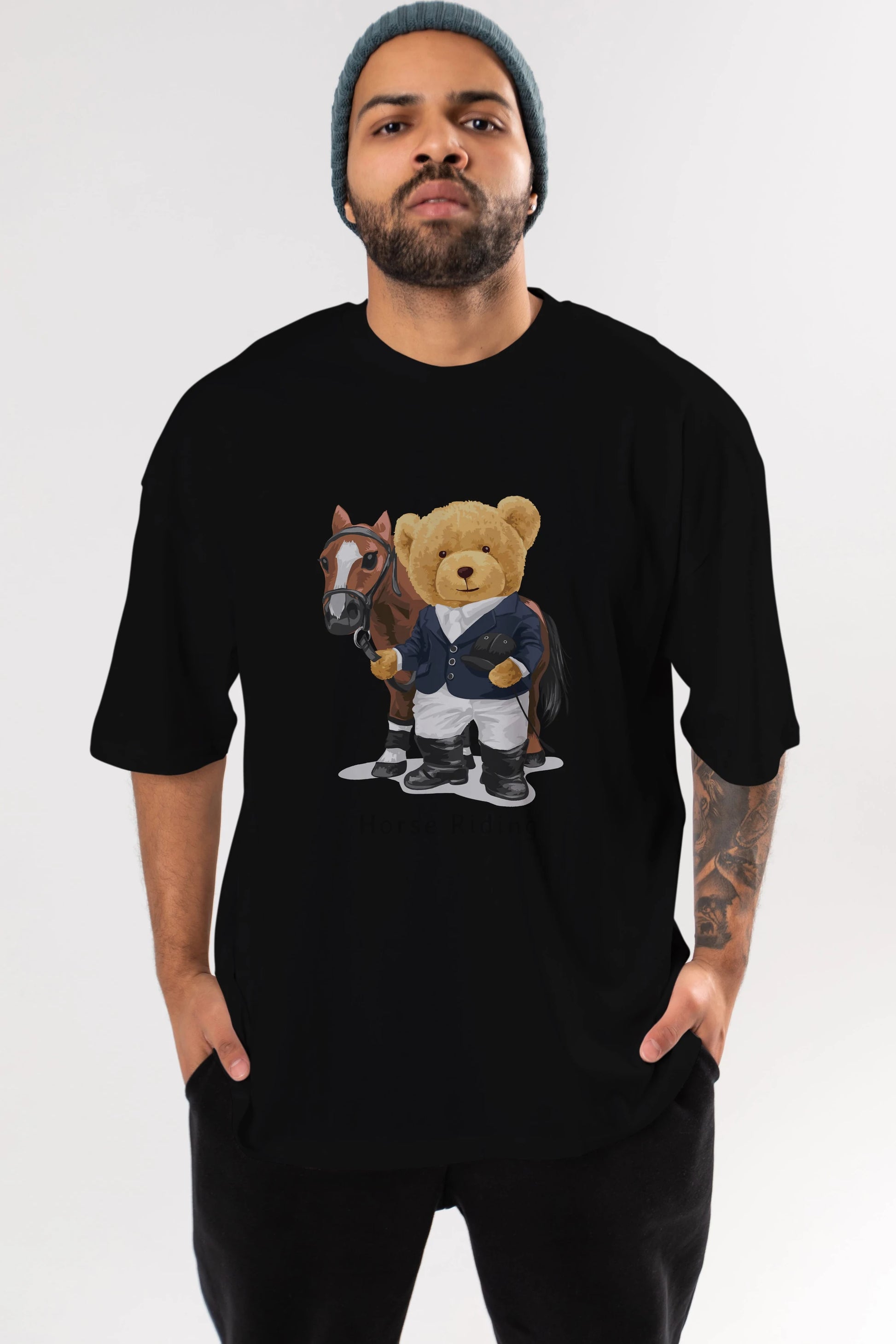 Teddy Bear Horse Riding Ön Baskılı Oversize t-shirt Erkek Kadın Unisex %100 Pamuk