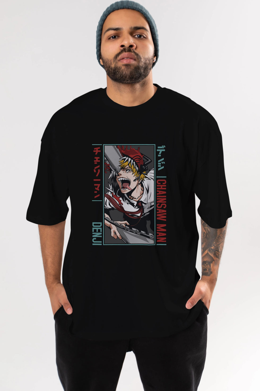 Denji Chainsaw Man Anime Ön Baskılı Oversize t-shirt %100 pamuk Erkek Kadın Unisex