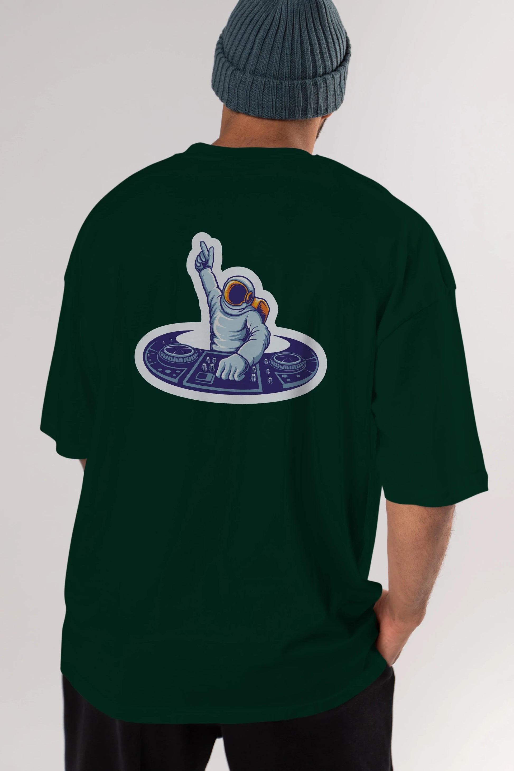 Astronaut Disk Jockey Party Sticker Arka Baskılı Oversize t-shirt Erkek Kadın Unisex
