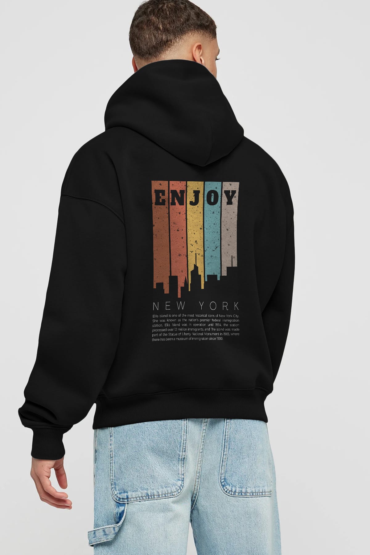 Enjoy New York Yazılı Arka Baskılı Oversize Hoodie Kapüşonlu Sweatshirt Erkek Kadın Unisex