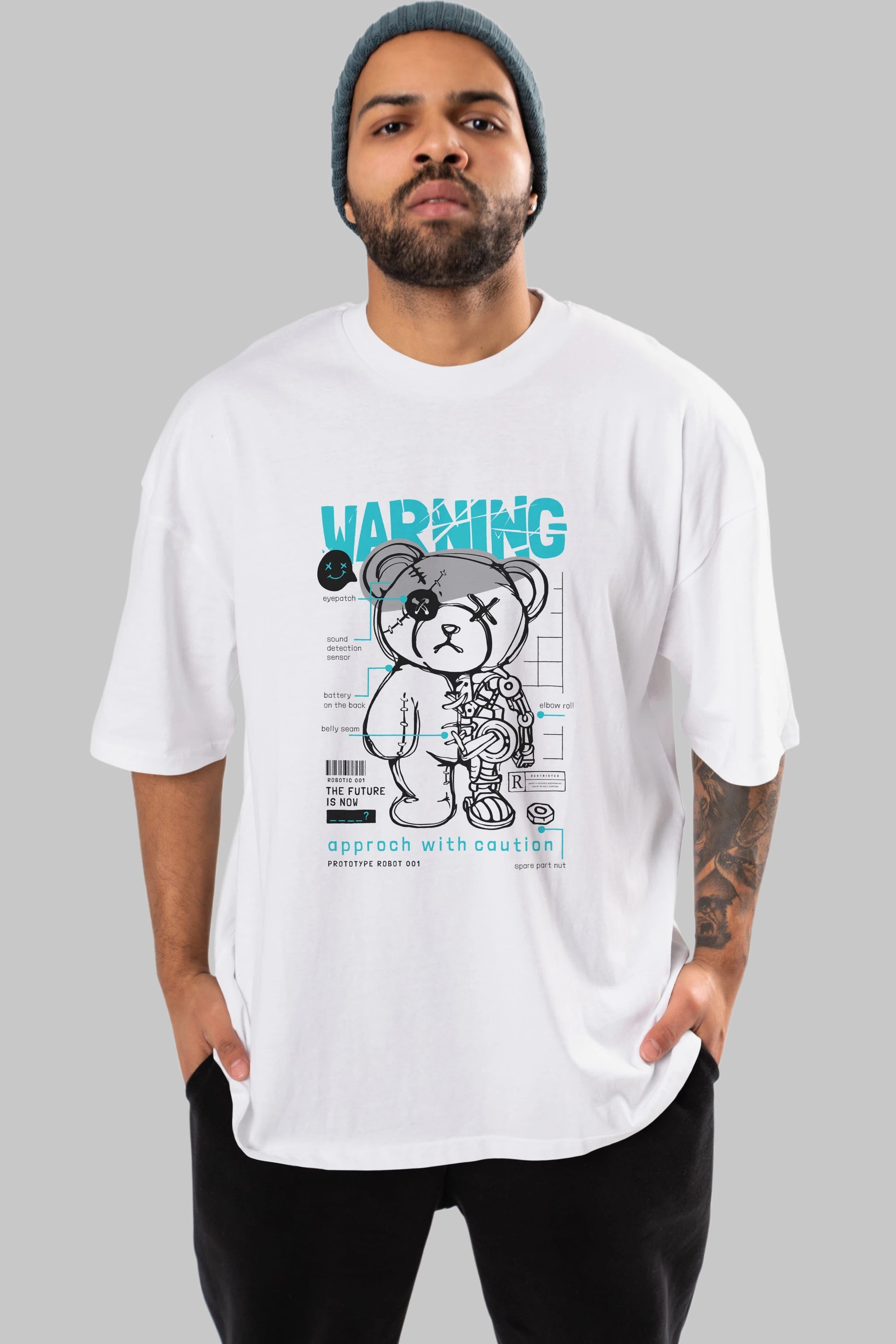 Teddy Bear Warning Ön Baskılı Oversize t-shirt Erkek Kadın Unisex