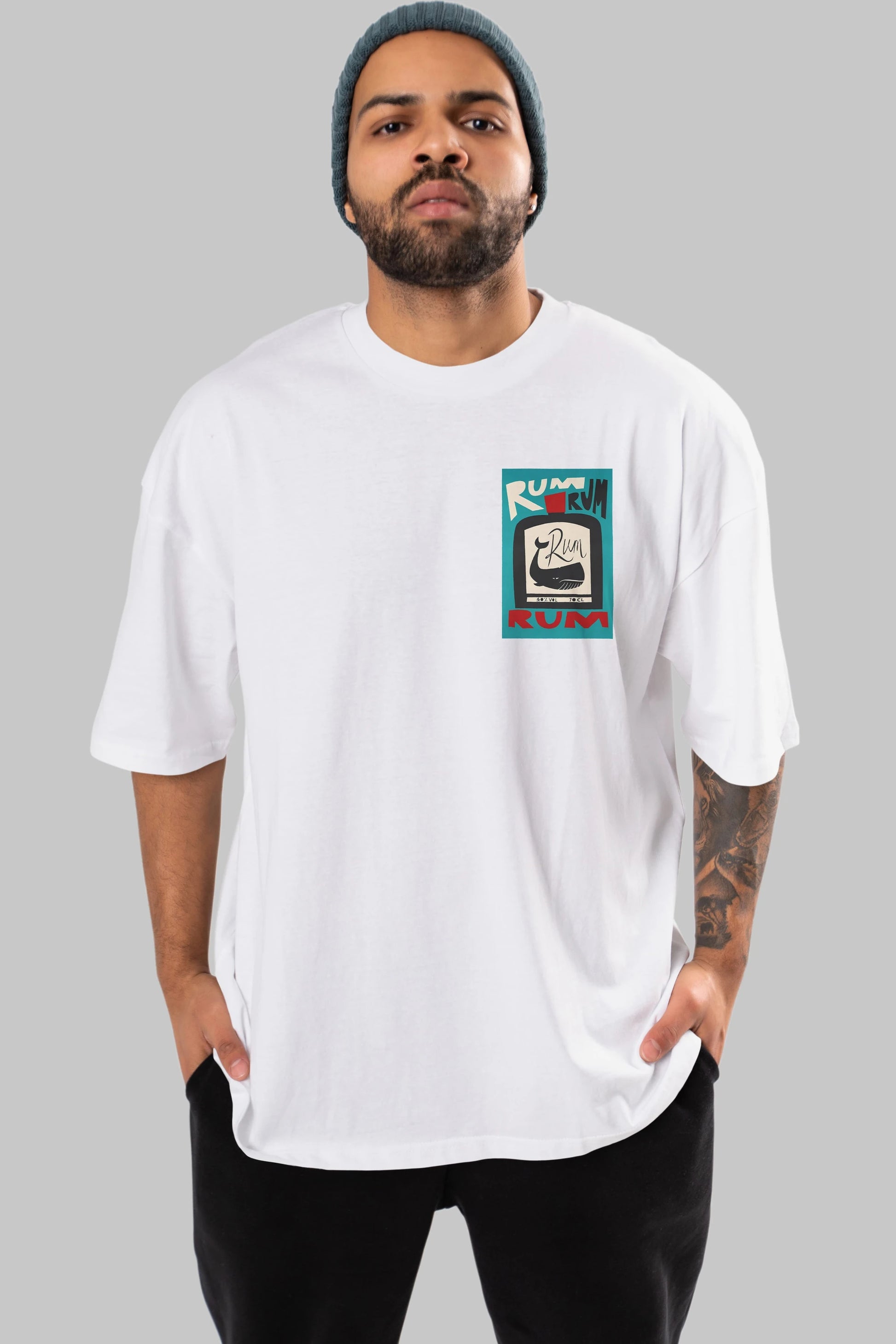 Rum Ön Sol Baskılı Oversize t-shirt Erkek Kadın Unisex %100 Pamuk Bisiklet Yaka tişort