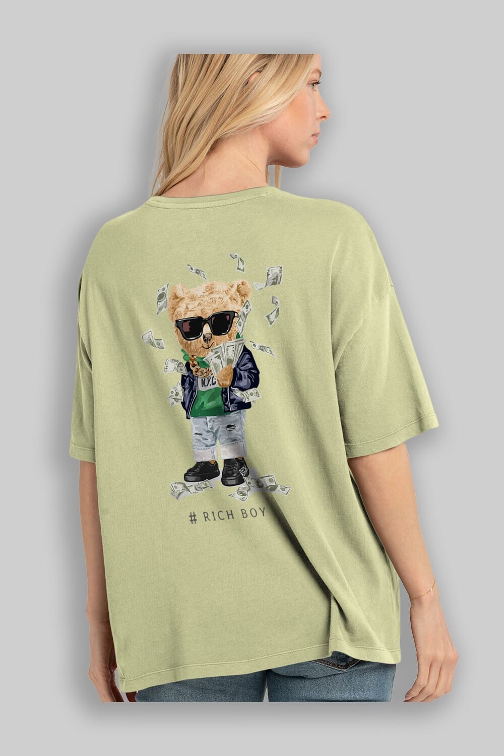 Teddy Bear Rich Boy Arka Baskılı Oversize t-shirt Erkek Kadın Unisex %100 Pamuk