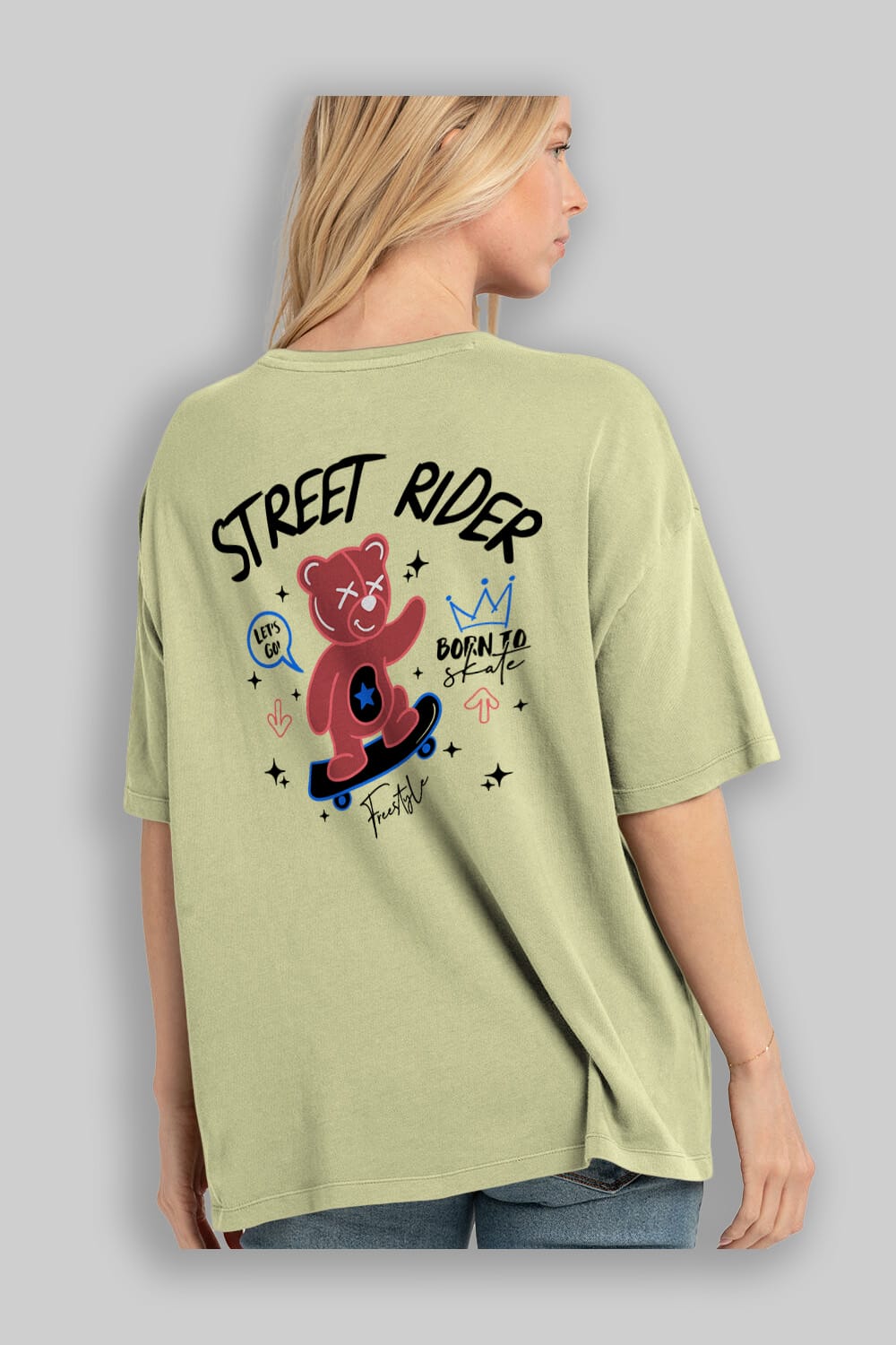 Street Rider Bear Arka Baskılı Oversize t-shirt Erkek Kadın Unisex