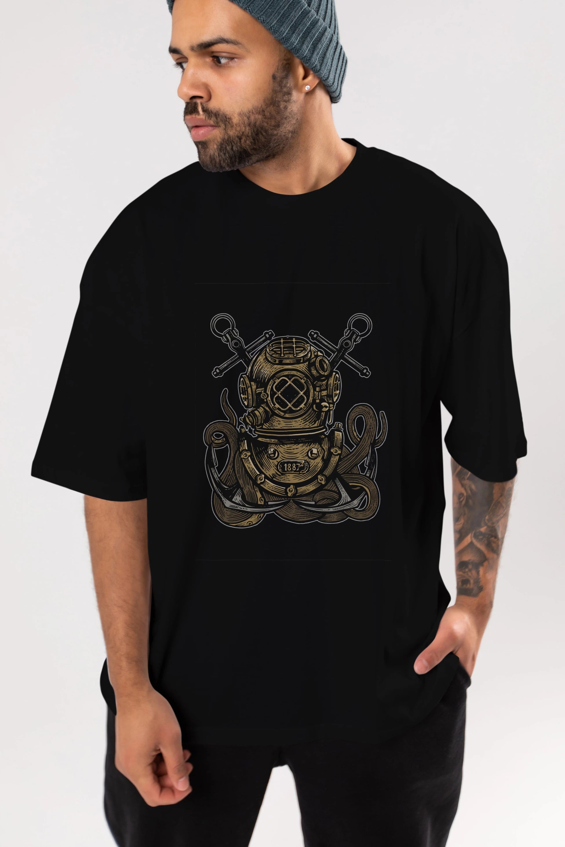 Diver Octopus Ön Baskılı Oversize t-shirt Erkek Kadın Unisex %100 Pamuk tişort