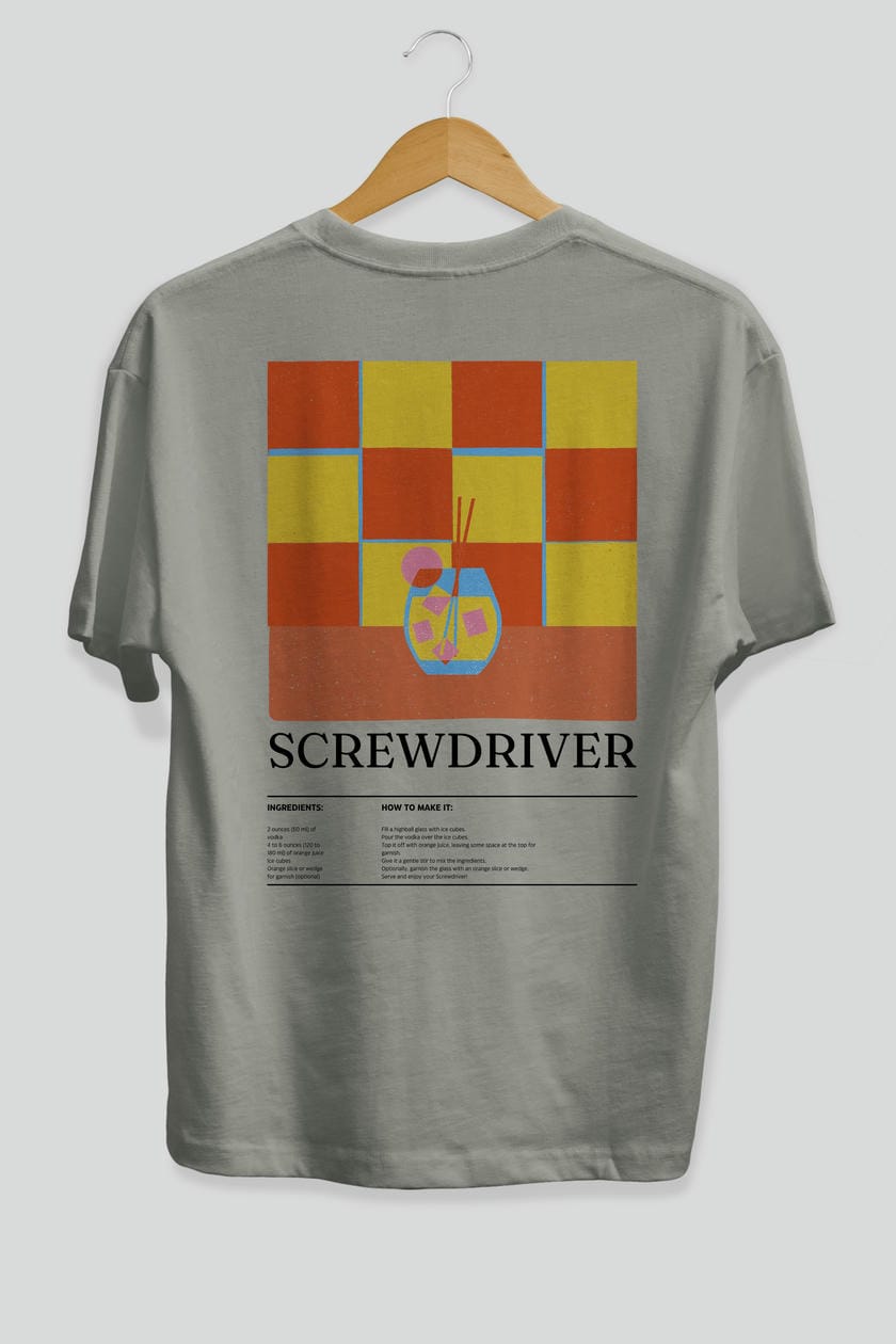 Screwdriver Kokteyl Serisi Arka Baskılı Oversize t-shirt Erkek Kadın %100 Pamuk Bisiklet Yaka tişort