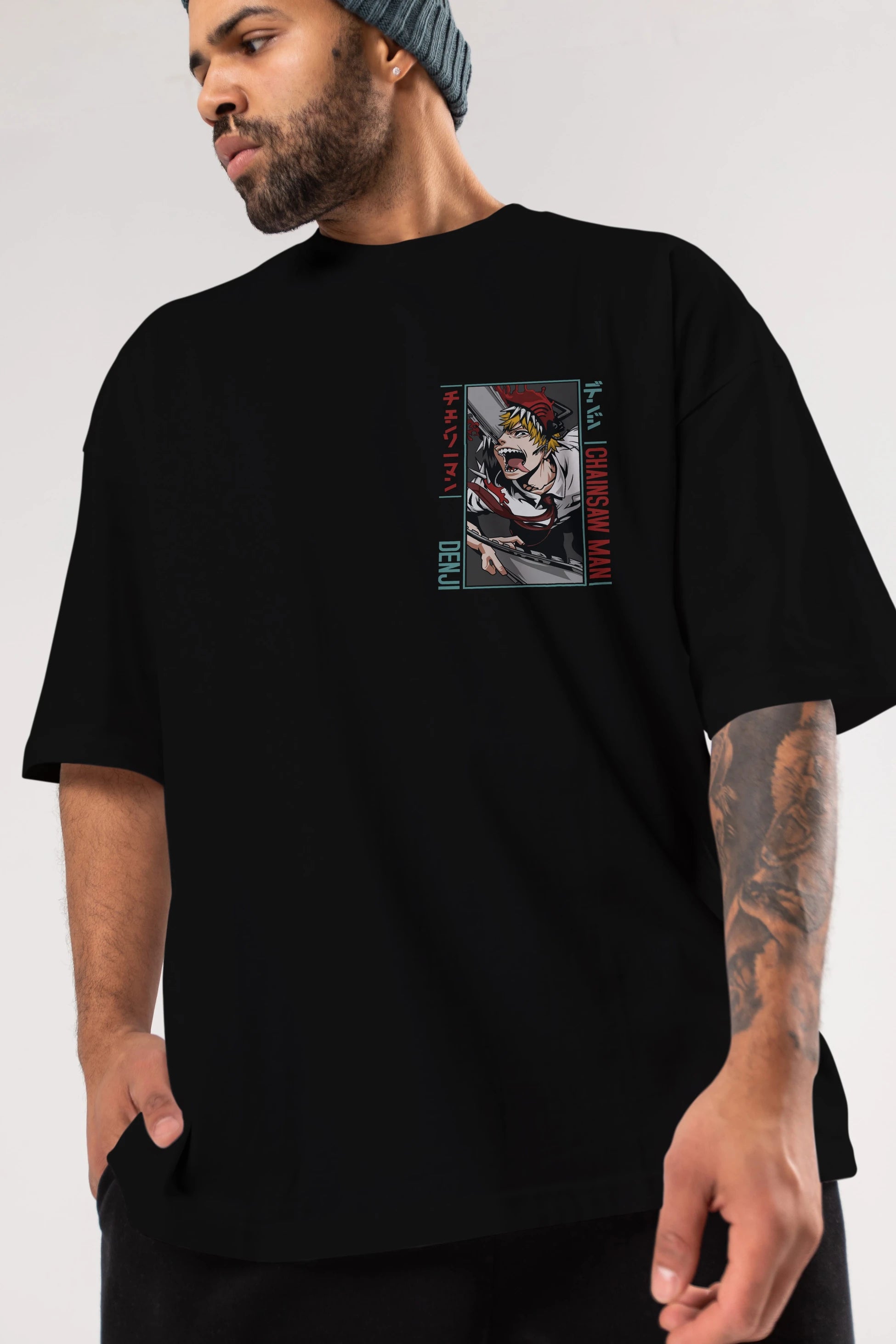 Denji Chainsaw Man Ön Sol Baskılı Oversize t-shirt Erkek Kadın Unisex %100 Pamuk Bisiklet Yaka tişort