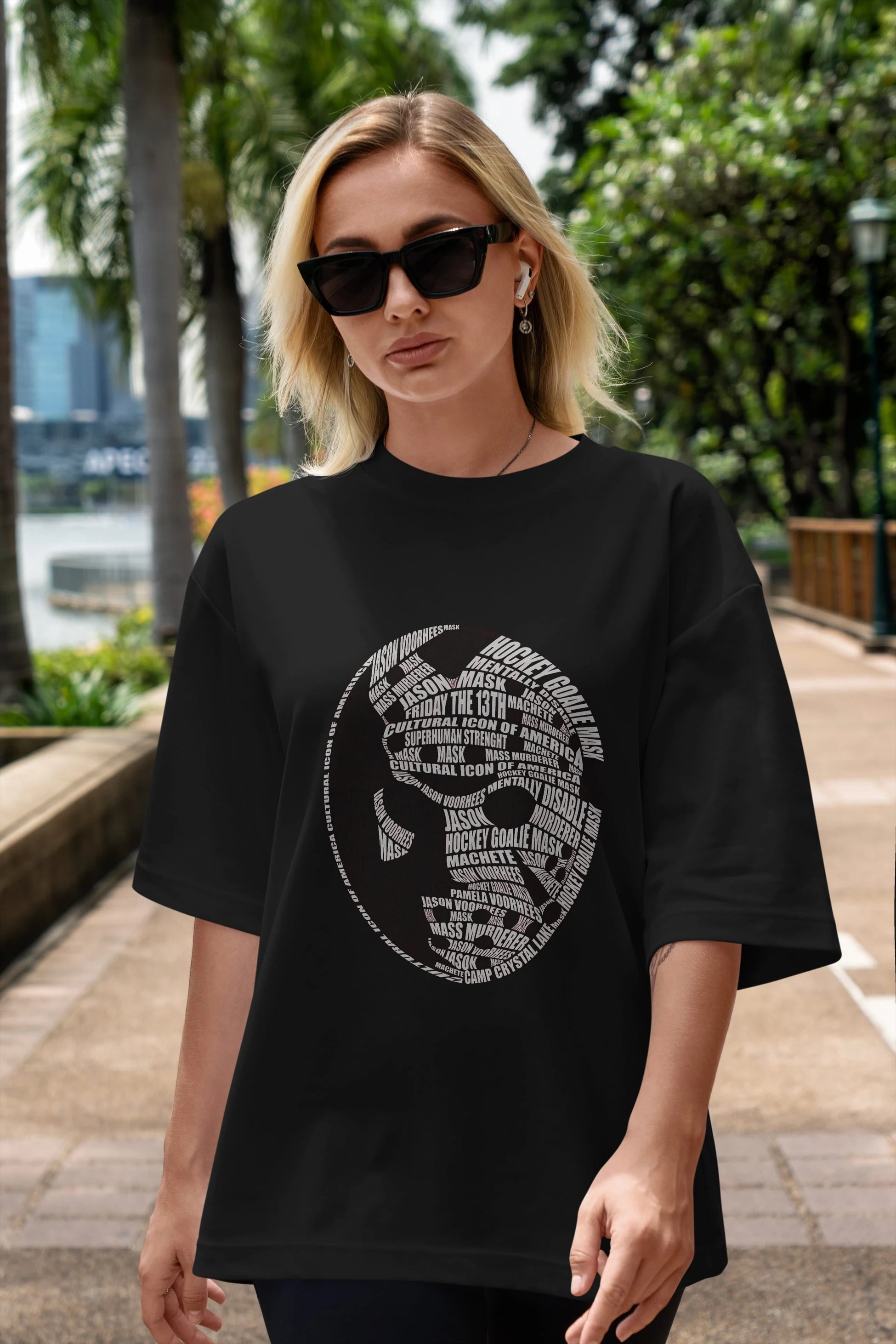 Jason Voorhees Calligram Ön Baskılı Oversize t-shirt %100 pamuk Erkek Kadın Unisex