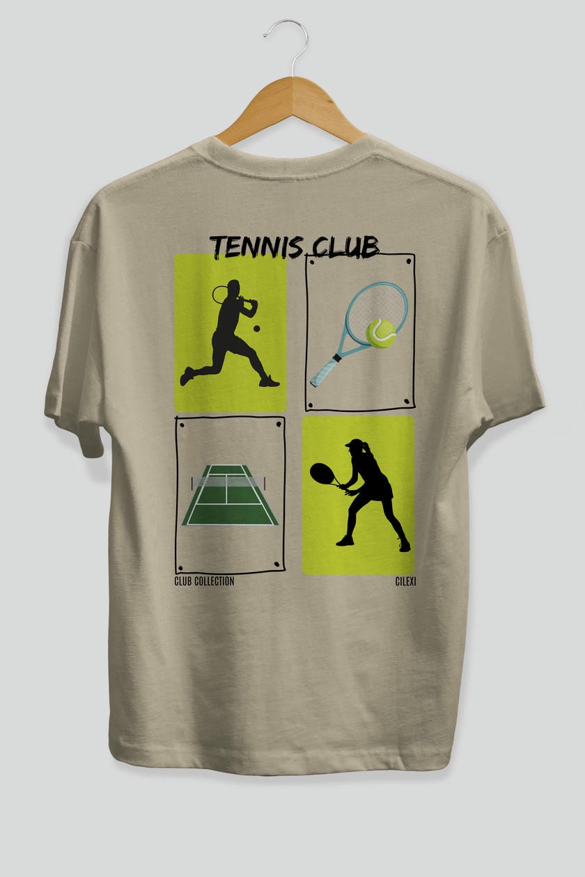 Tennis Club Arka Baskılı Oversize t-shirt Erkek Kadın %100 Pamuk Bisiklet Yaka tişort