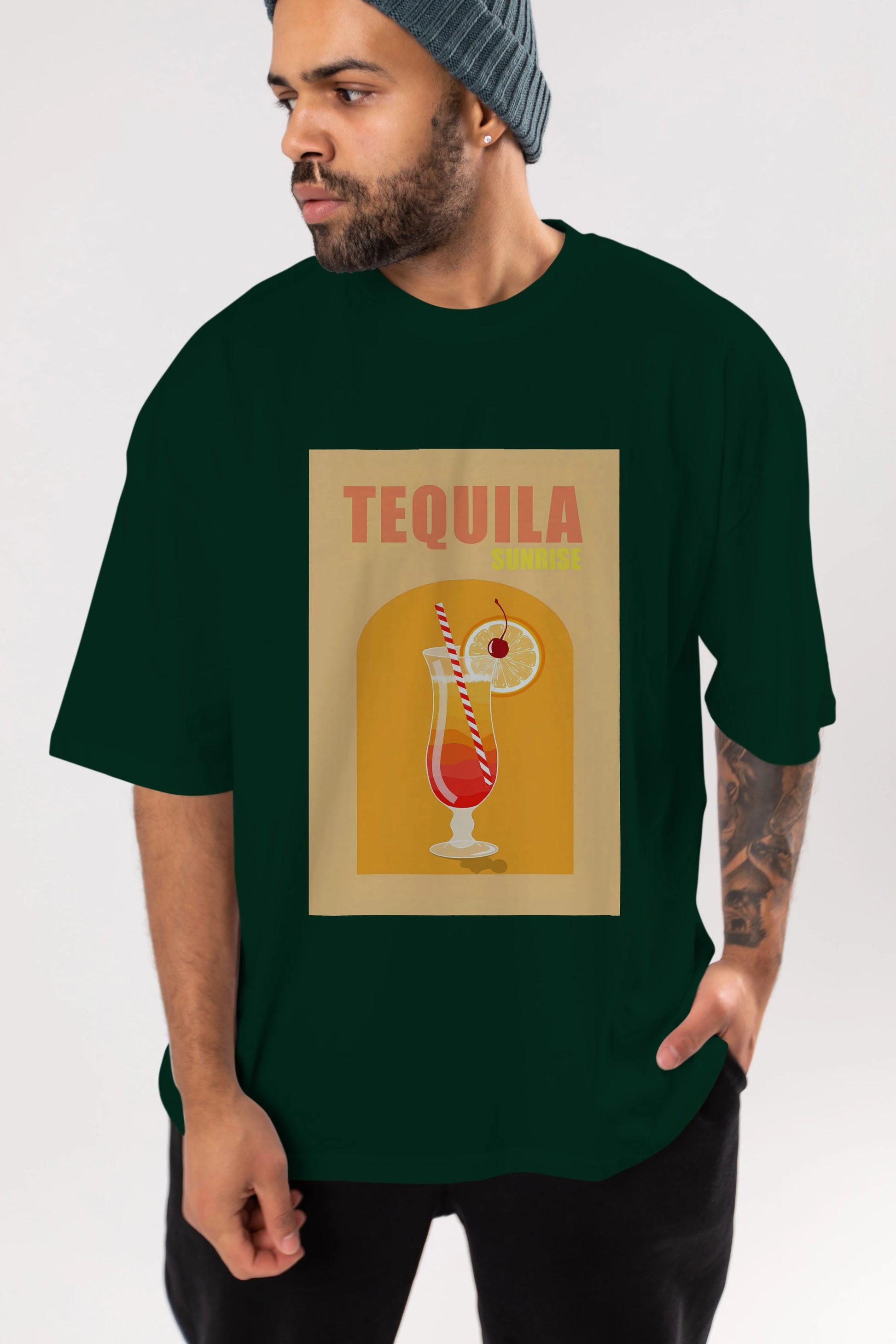 Tequila Sunrise Ön Baskılı Oversize t-shirt Erkek Kadın Unisex %100 Pamuk Bisiklet Yaka tişort