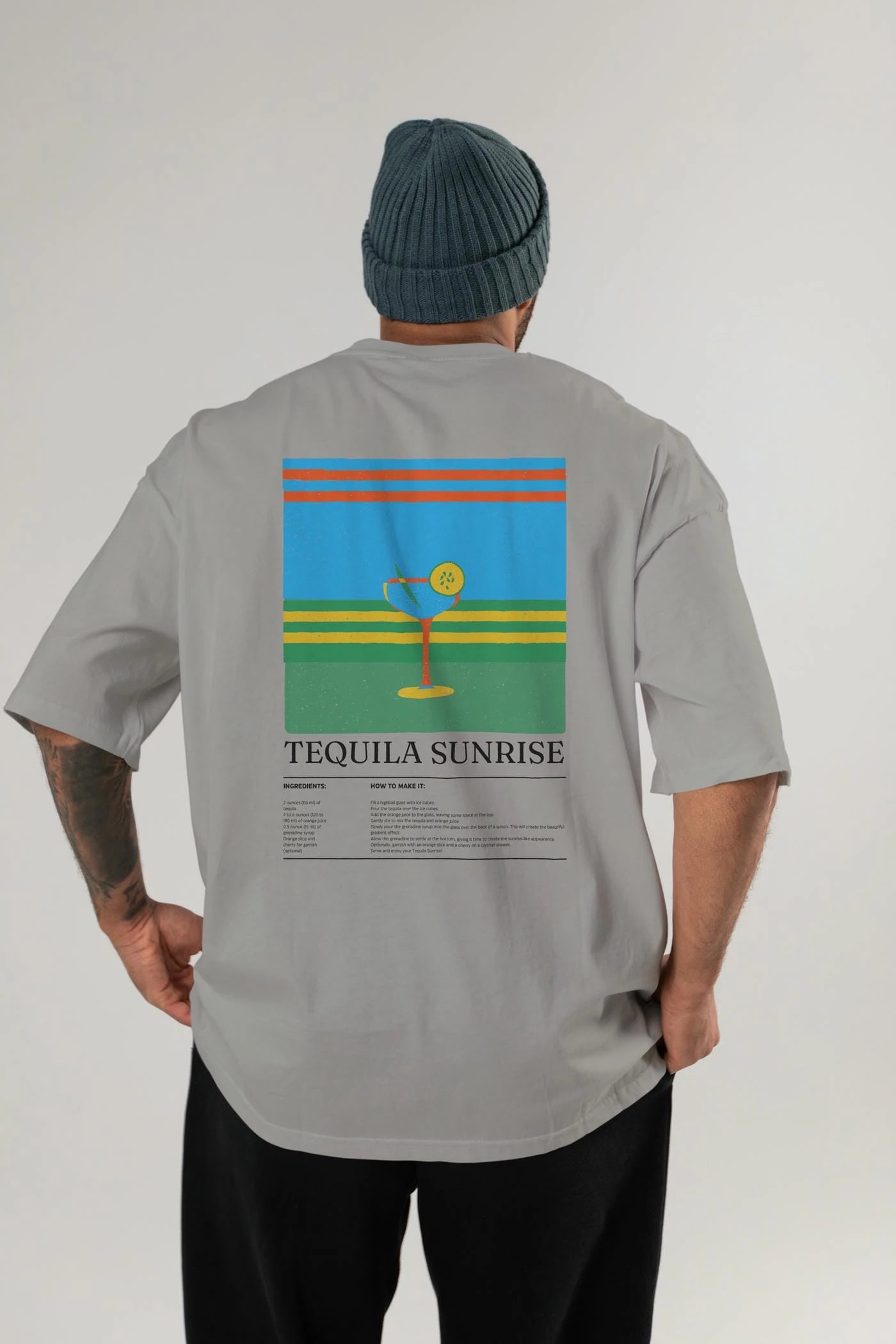 Tequila Sunrise Kokteyl Serisi Arka Baskılı Oversize t-shirt Erkek Kadın %100 Pamuk Bisiklet Yaka tişort