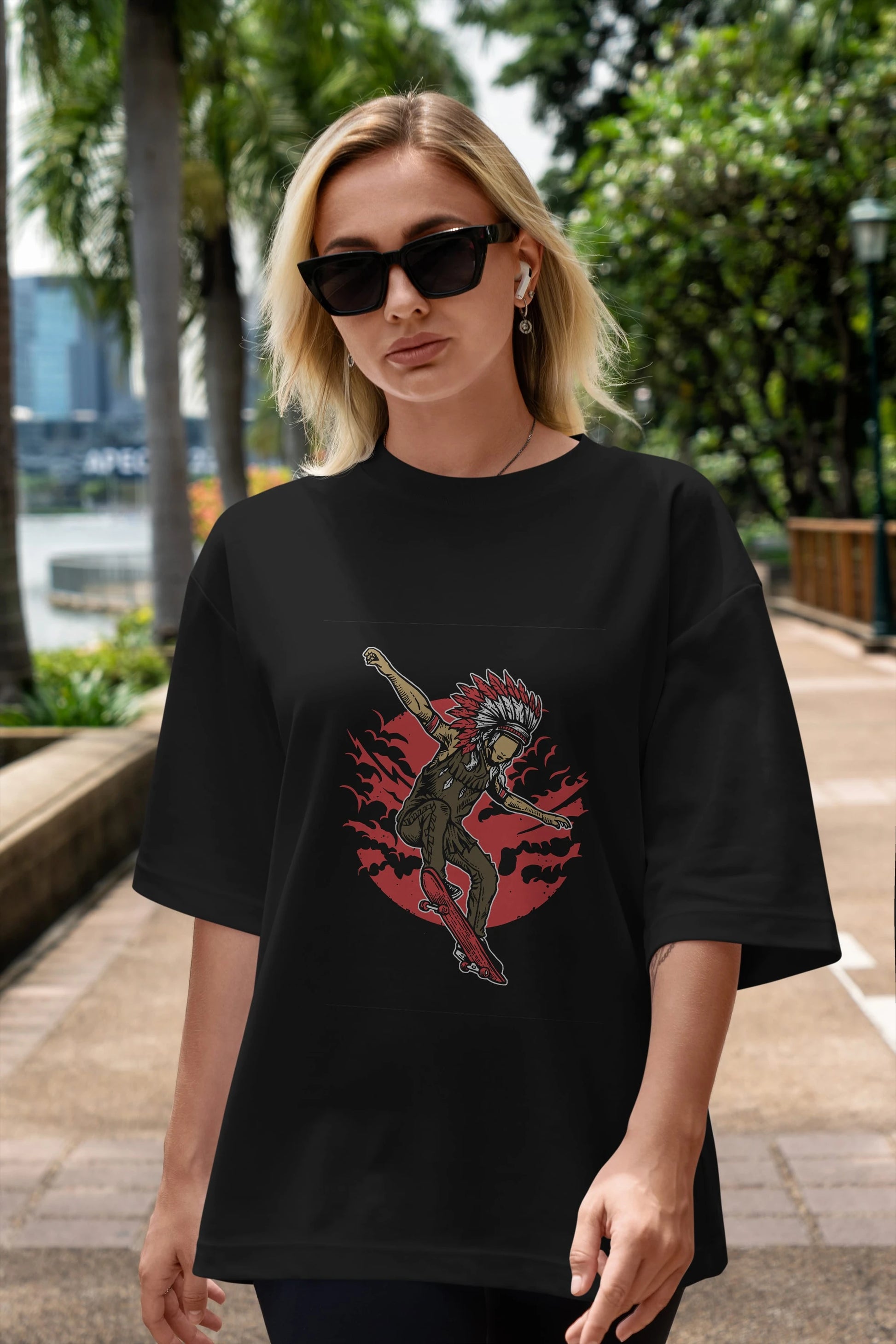Indian Chief Skateboard Ön Baskılı Oversize t-shirt Erkek Kadın Unisex %100 Pamuk tişort