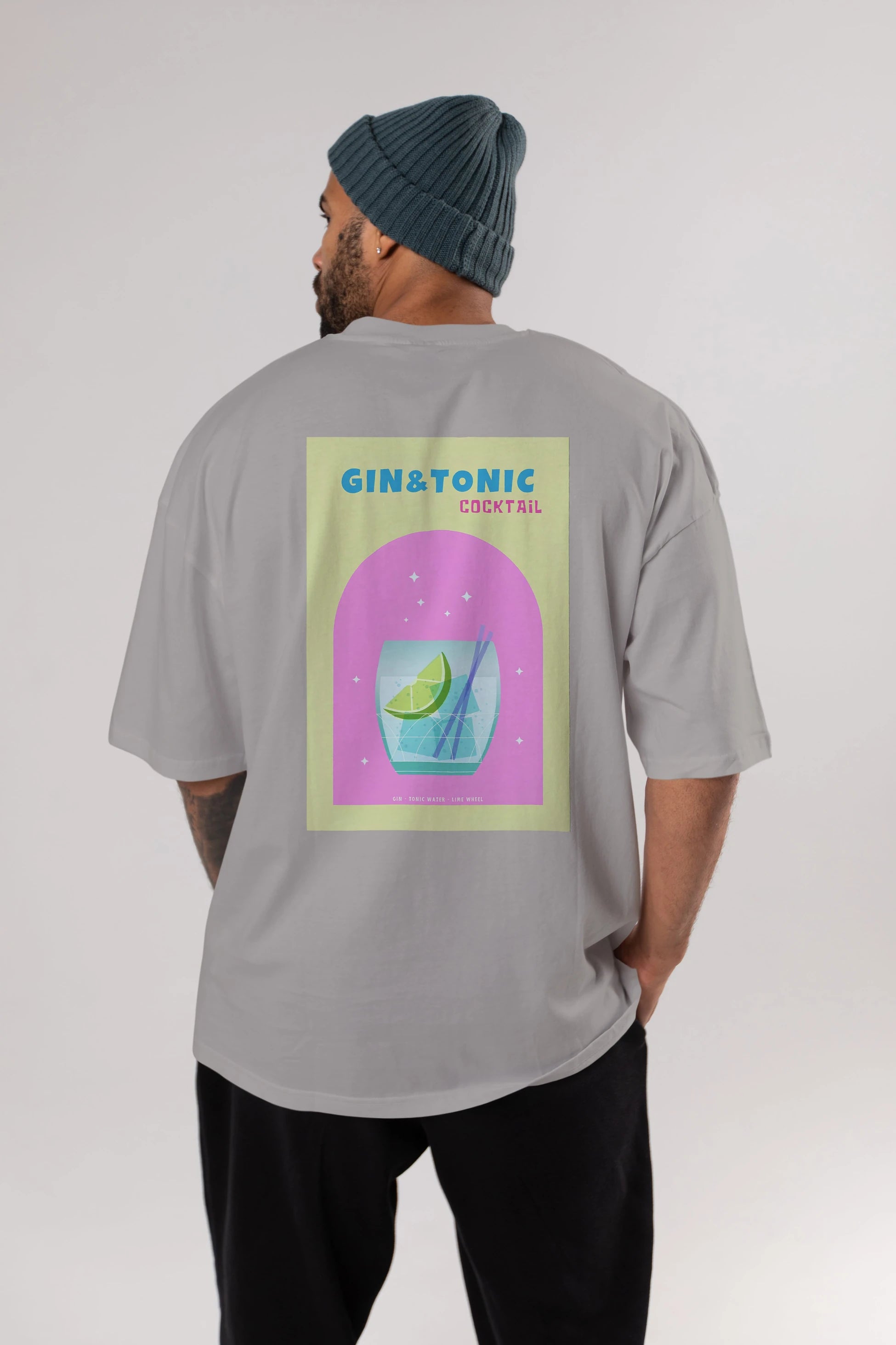 Gin Tonic Cocktail Arka Baskılı Oversize t-shirt Erkek Kadın Unisex %100 Pamuk Bisiklet Yaka tişort