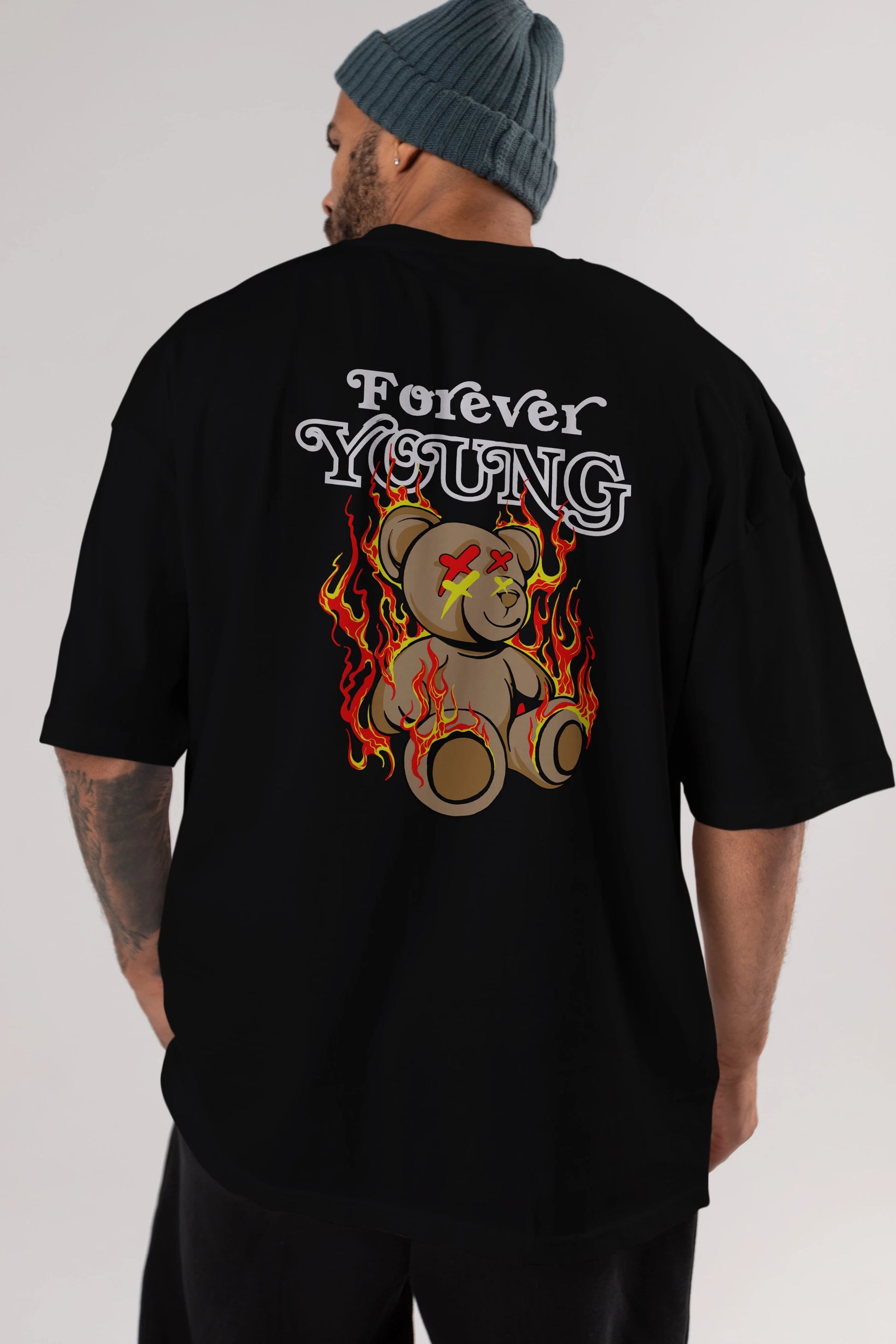 Forever Young Bear Arka Baskılı Oversize t-shirt Erkek Kadın Unisex