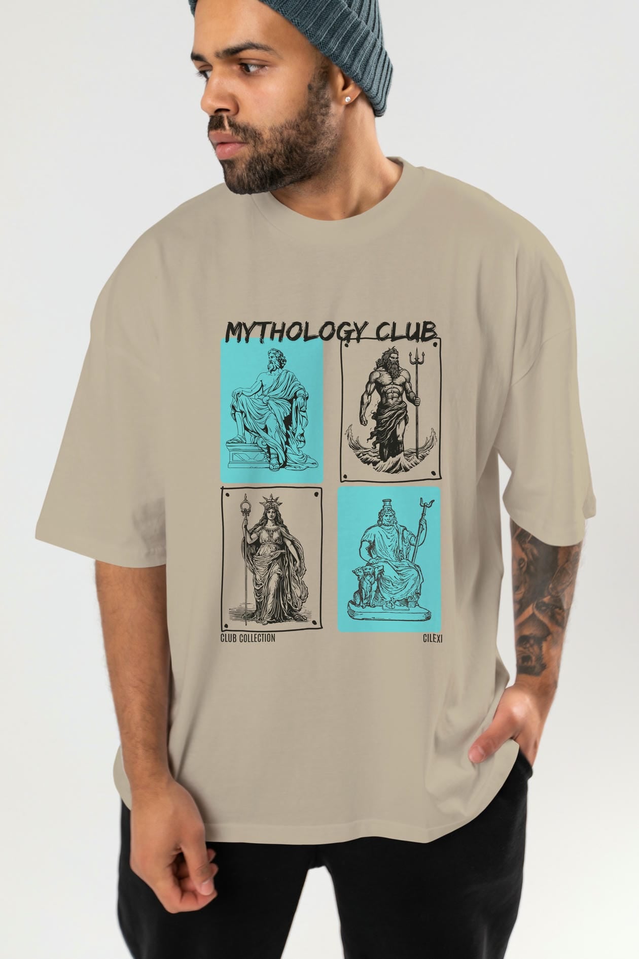 Mythology Club ön Baskılı Oversize t-shirt Erkek Kadın %100 Pamuk Bisiklet Yaka tişort
