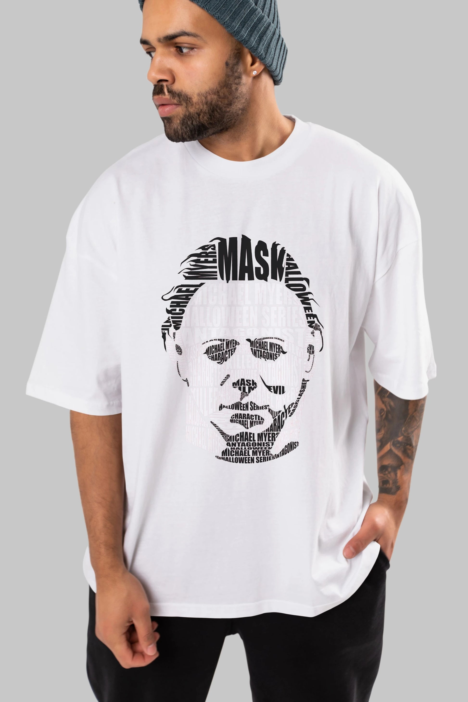 Michael Myers Calligram Ön Baskılı Oversize t-shirt %100 pamuk Erkek Kadın Unisex