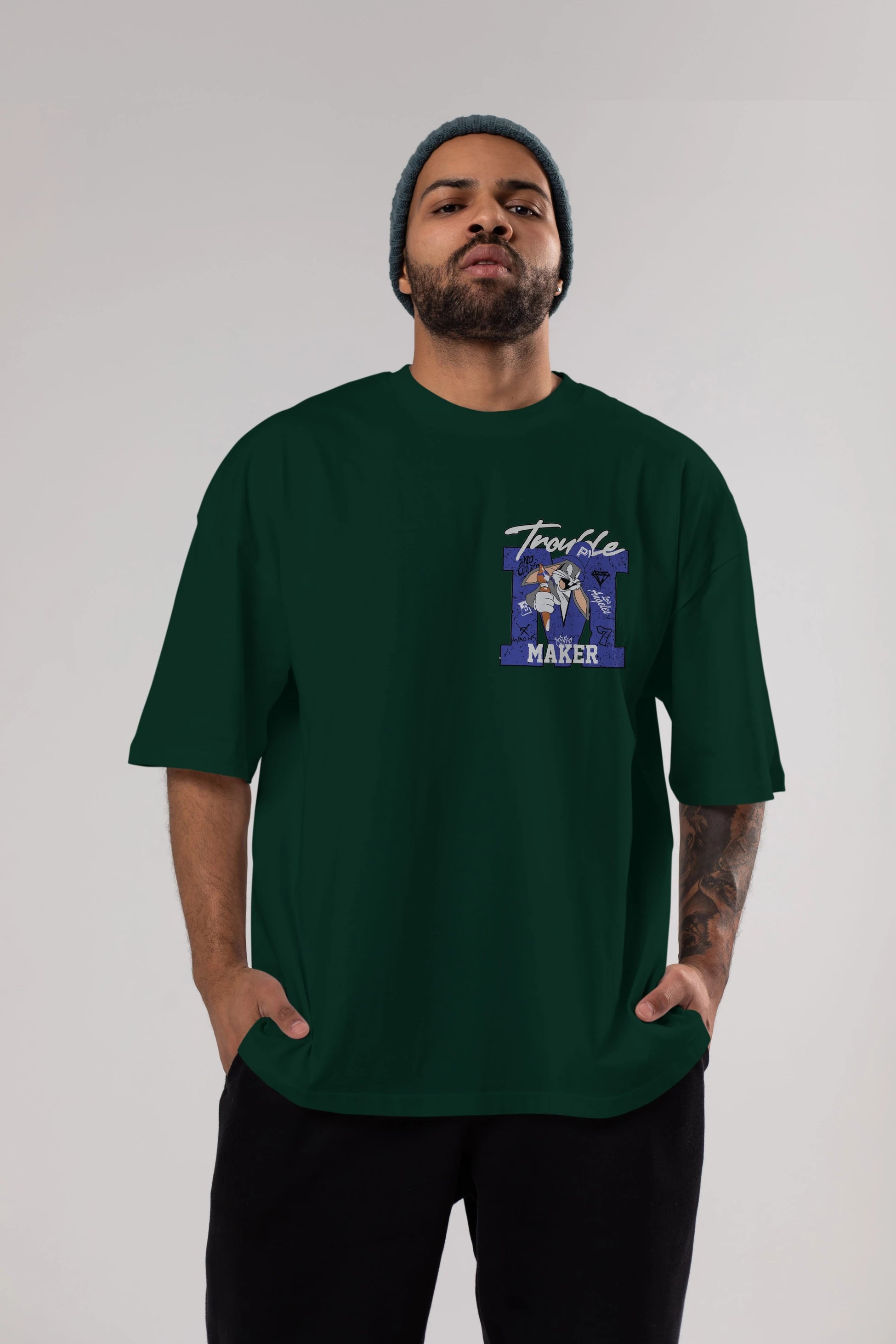 Bugs Bunny Ön Sol Baskılı Oversize t-shirt Erkek Kadın Unisex %100 Pamuk Bisiklet Yaka tişort