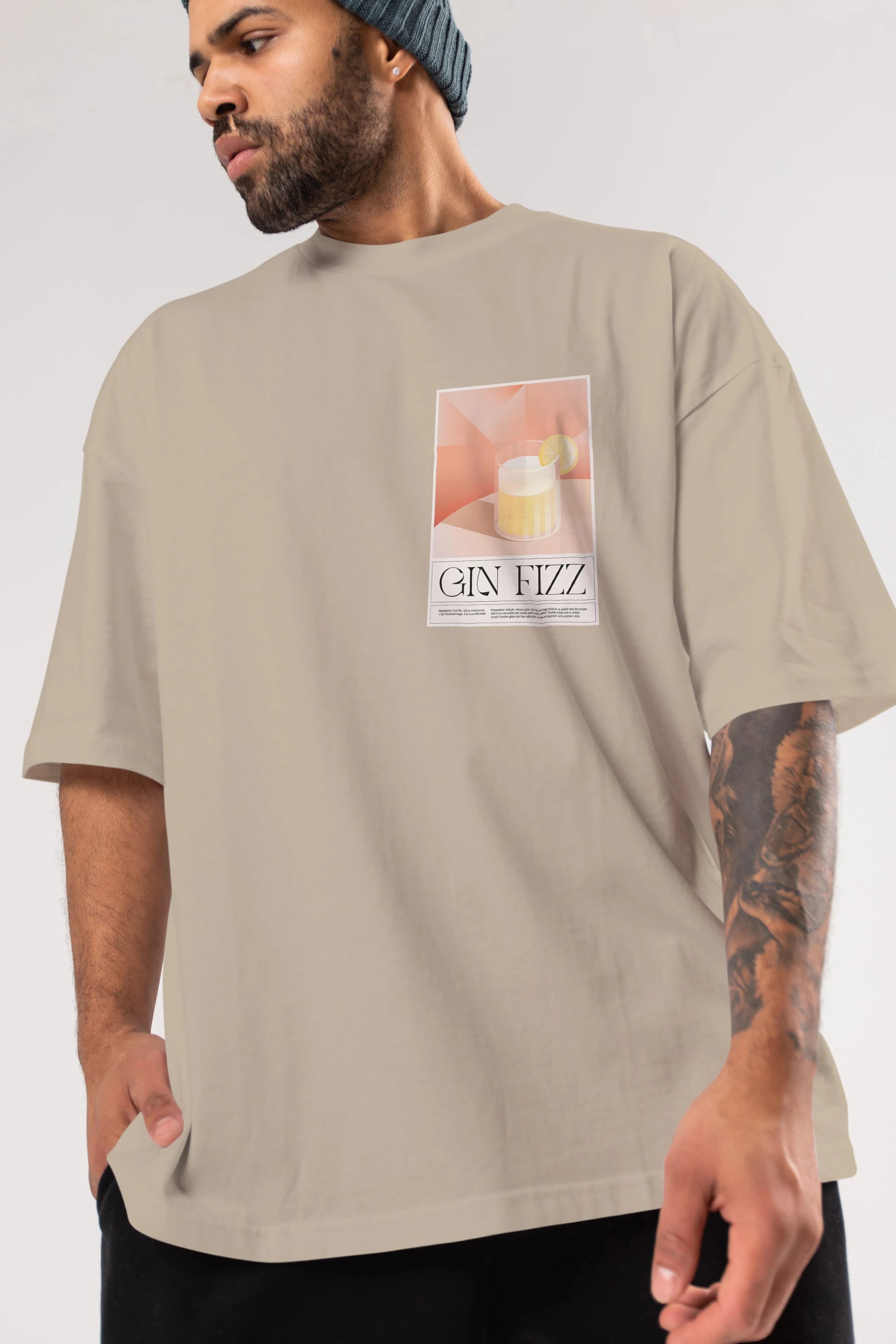 Gin Fizz Ön Sol Baskılı Oversize t-shirt Erkek Kadın Unisex %100 Pamuk Bisiklet Yaka tişort