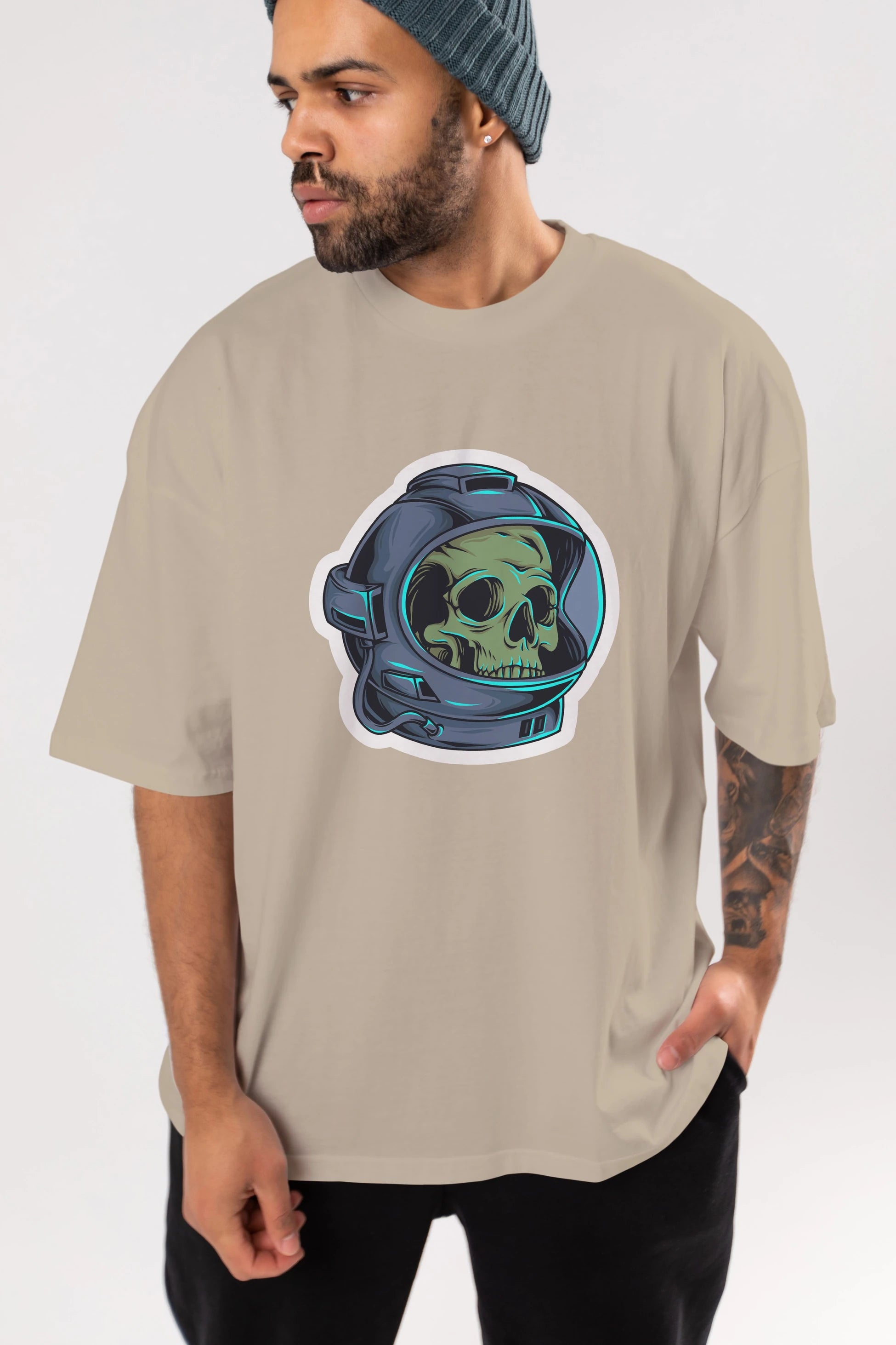 Astroskull Sticker Ön Baskılı Oversize t-shirt Erkek Kadın Unisex