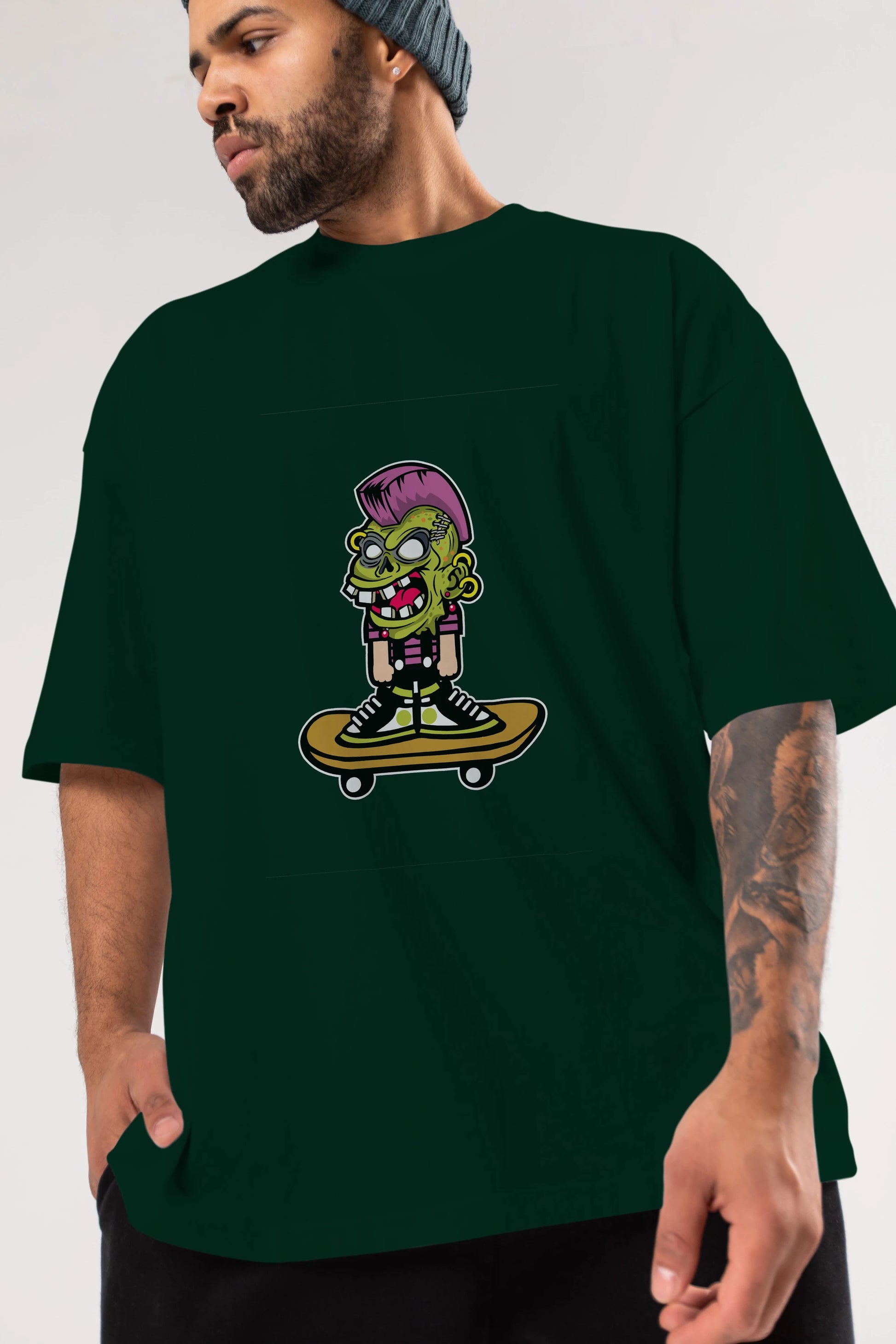 Zombie Punk Skater Ön Baskılı Oversize t-shirt Erkek Kadın Unisex %100 Pamuk tişort