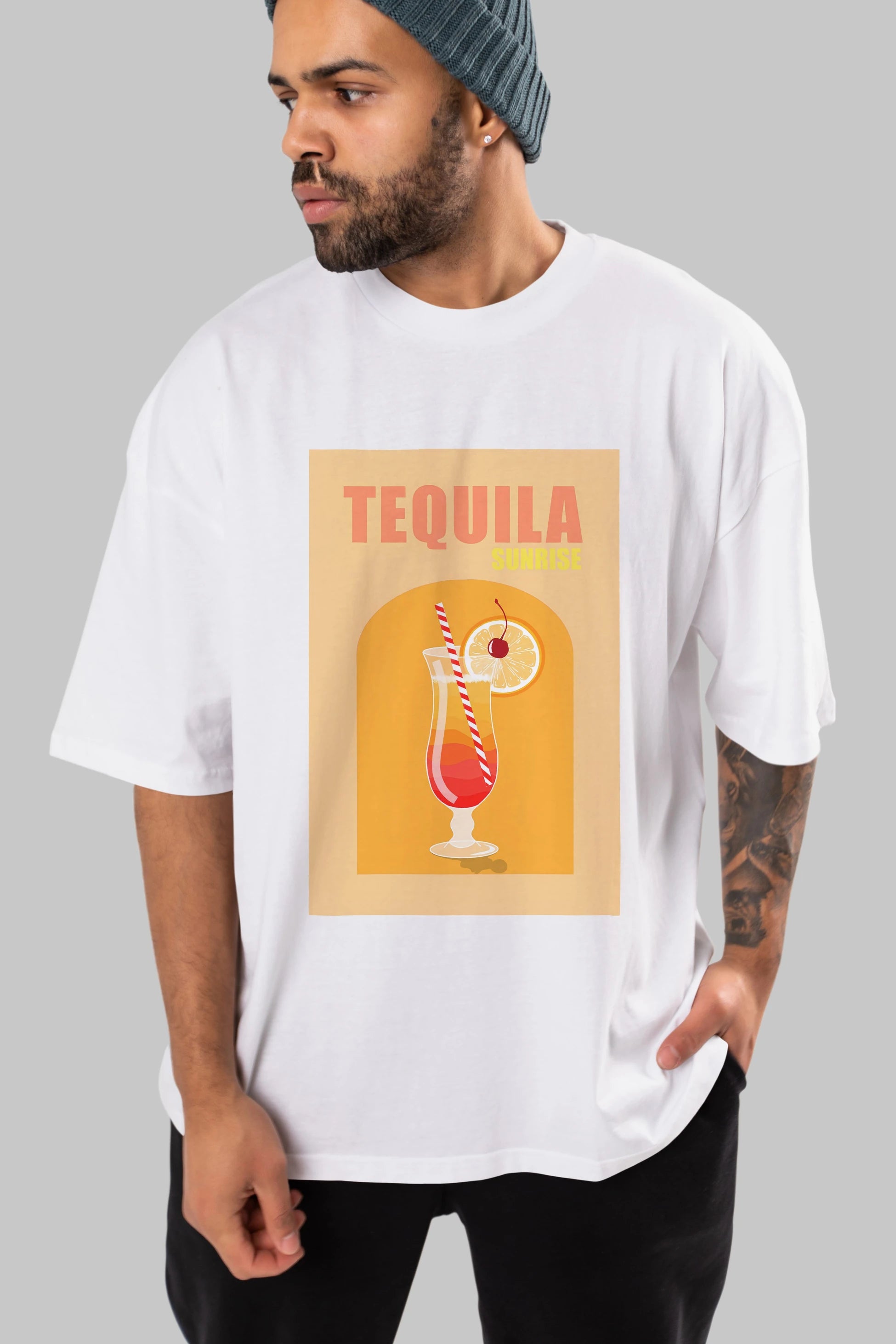 Tequila Sunrise Ön Baskılı Oversize t-shirt Erkek Kadın Unisex %100 Pamuk Bisiklet Yaka tişort