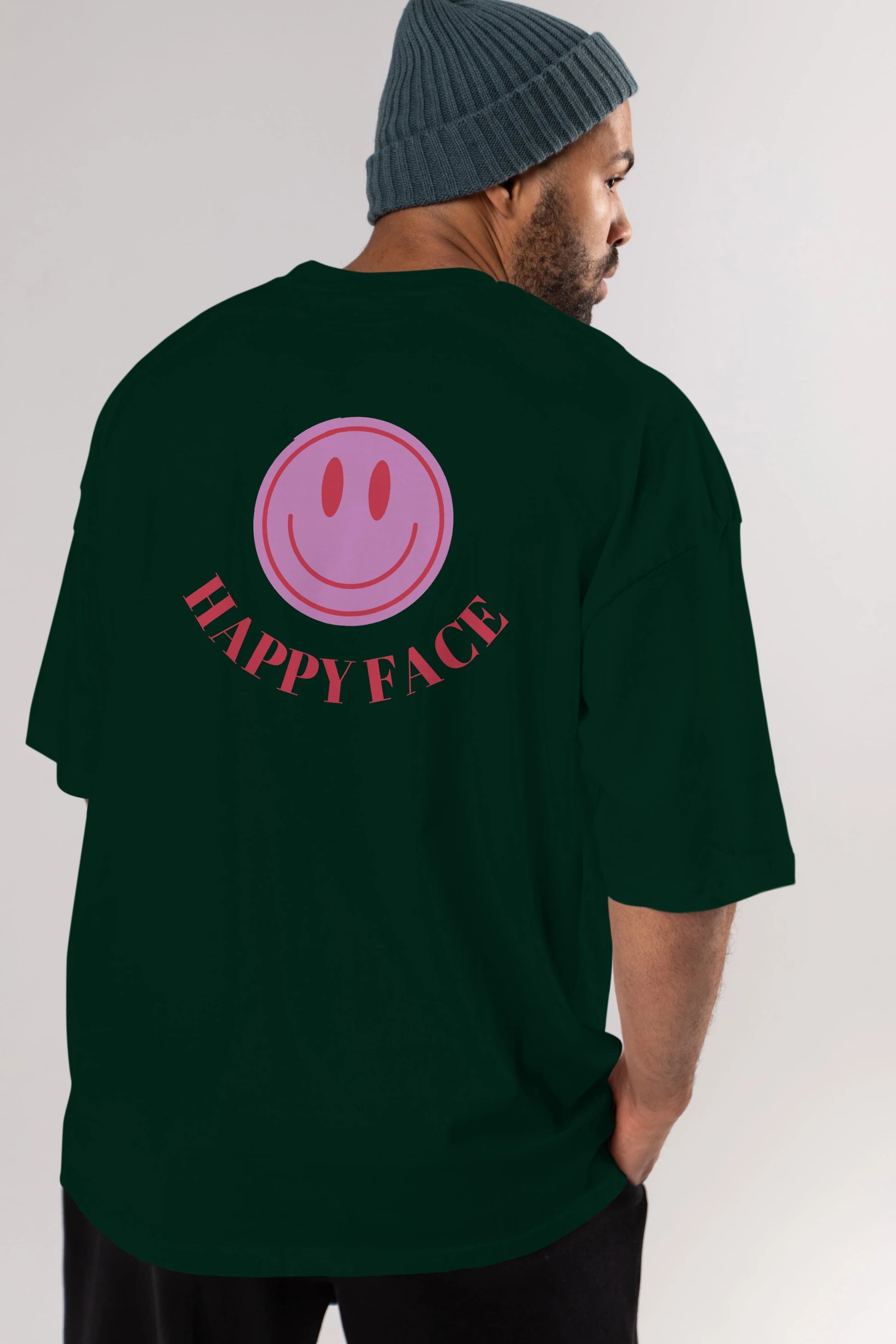 Happy Face Yazılı Arka Baskılı Oversize t-shirt Erkek Kadın Unisex